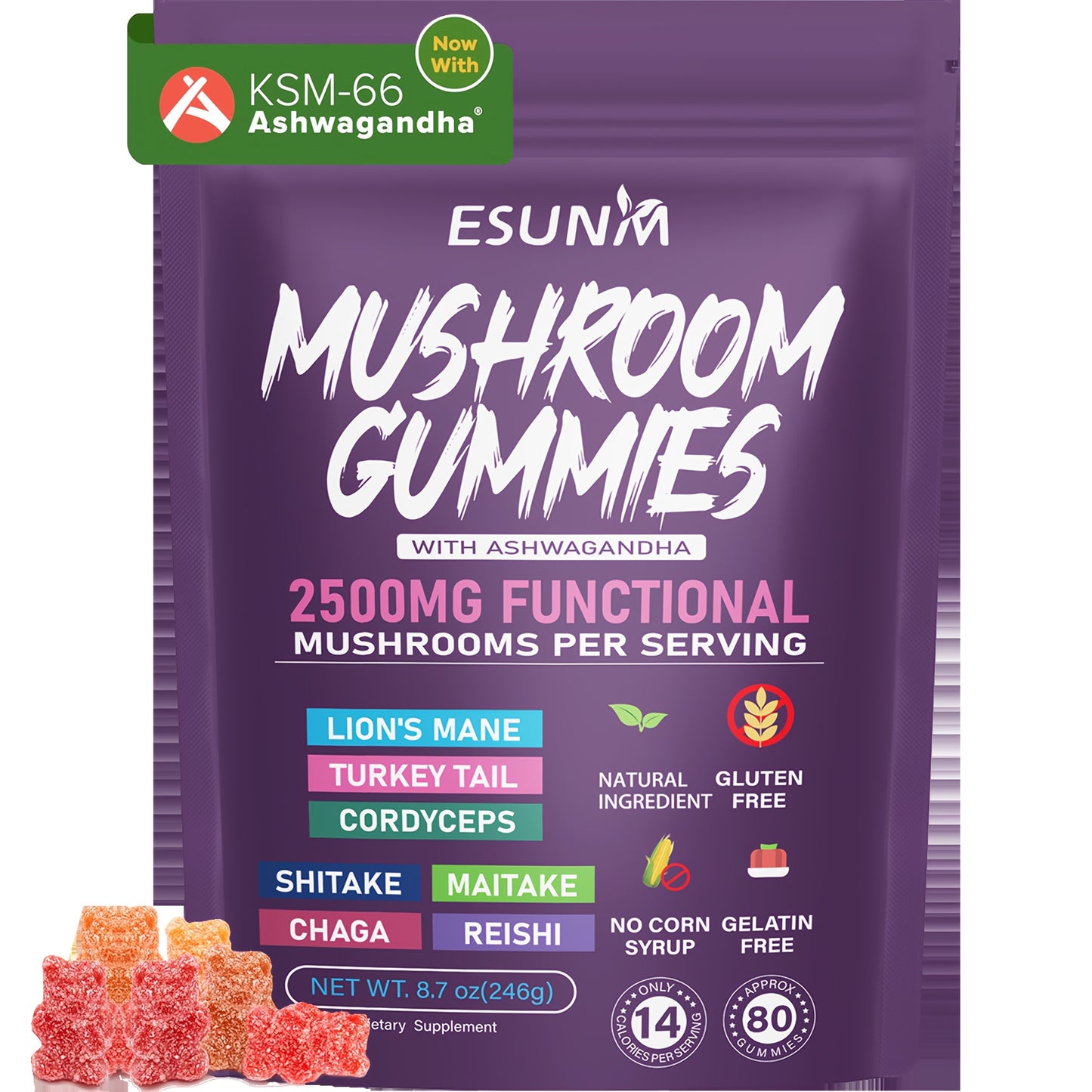 1/2/3/4 Bags Ashwagandha And Lions Mane Mushroom Gummies - Includes Reishi, Cordyceps, Turkey Tail, Maitake, Shiitake, And Chaga, Low Carb, 80 Gummies Per Bag