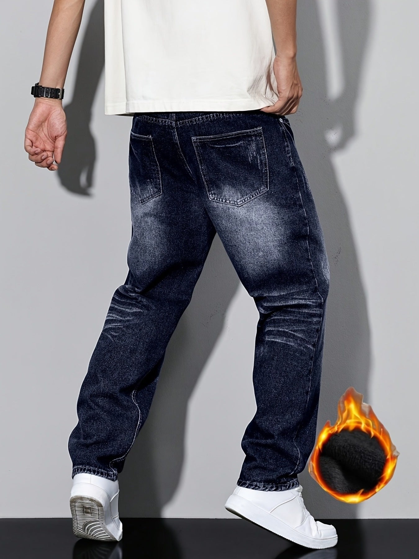 HME Men's Heavy-Duty Winter Fleece Jeans - Thickened Insulated Denim Pants with YKK Zipper Closure, Machine Washable, Mid-Stretch Straight-Leg Fit, Heavy Wash Distressed Look & Fleece Lining for Cold Weather - Casual & Formal