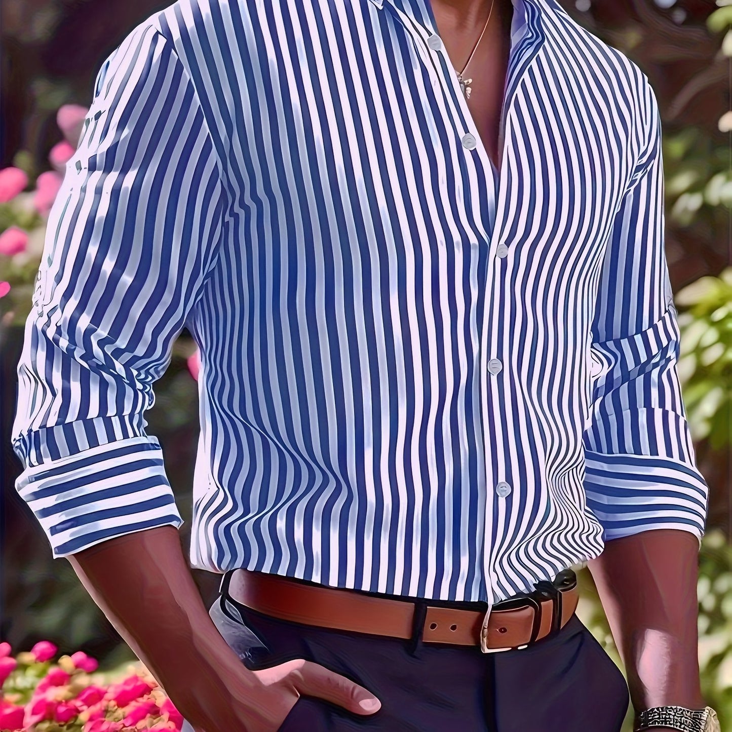 Men'S Long Sleeve Dress Shirt - Classic Button-Up Formal & Everyday Shirt, Easy-Care Button Front Placket, Office, Wedding, Party Attire - Autumn/Winter Clothing for Men, Office Attire, Striped Pattern, Comfortable Fit, Versa