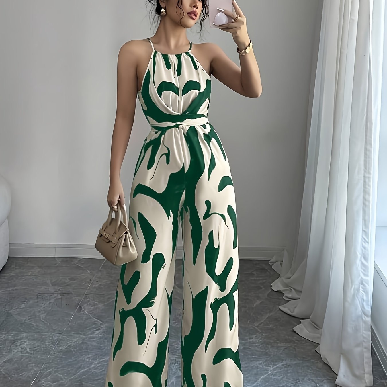 Green Women's Geometric Print Sleeveless Jumpsuit with Tie Waist and Wide Legs in White - Perfect for Night Outs, Parties, and Casual Attire, Casual Attire|Modern Casualwear|Strapless Jumpsuit