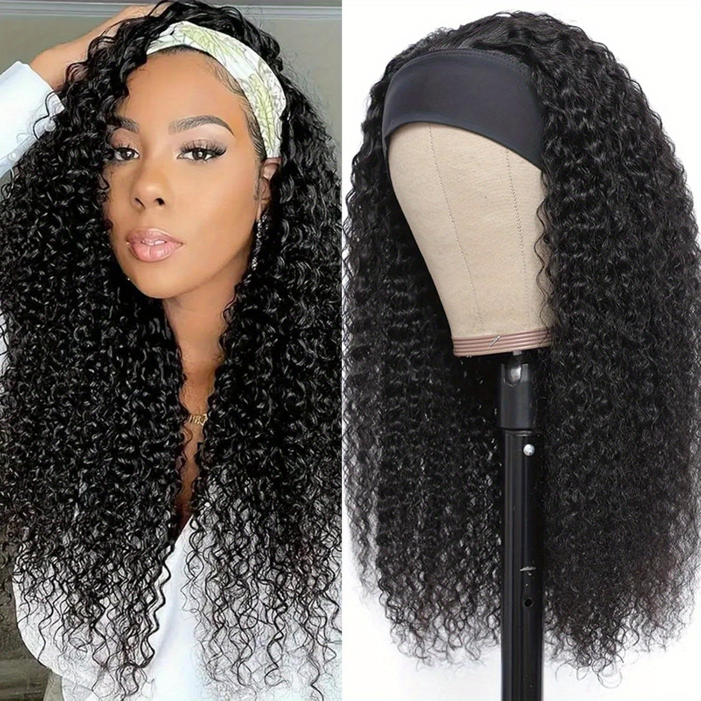 14" Jerry Curly Headband Wig - 100% Human Hair, Glueless, Natural Black, Soft & Bouncy Curls, Easy Wear & Go with Stylish Headbands, Breathable Cap, Heat Resistant, Tangle-Free for Daily Use