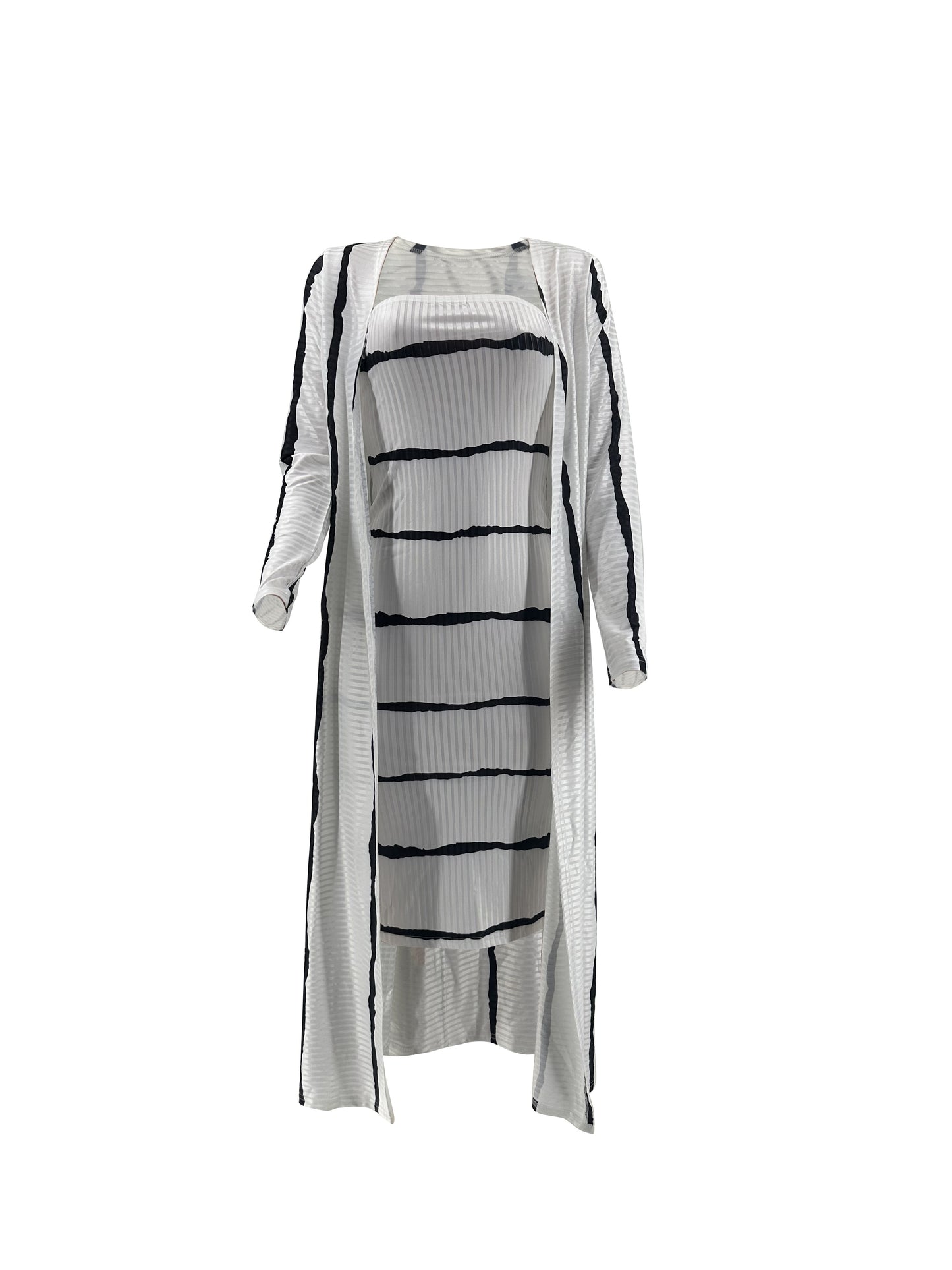 Striped Matching Two-piece Set, Casual Long Sleeve Open Front Split Cardigan & Slim Ribbed Midi Tube Dress Outfits, Women's Clothing