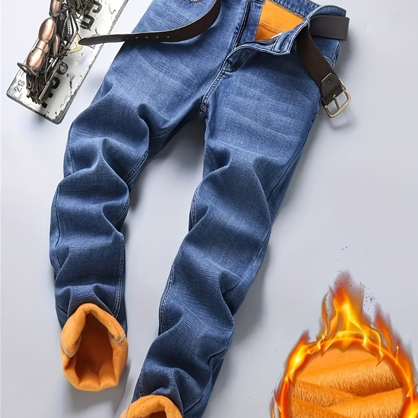 HME Men's Thermal Insulated Fleece-Like Faux Denim - Heavy-Duty Winter Pants with YKK Zipper Closure, Mid-Rise Straight-Leg Fit, Windproof & Cold-Resistant Faux Denim Trousers for Business Casual & Casual Attire, Classic Blue