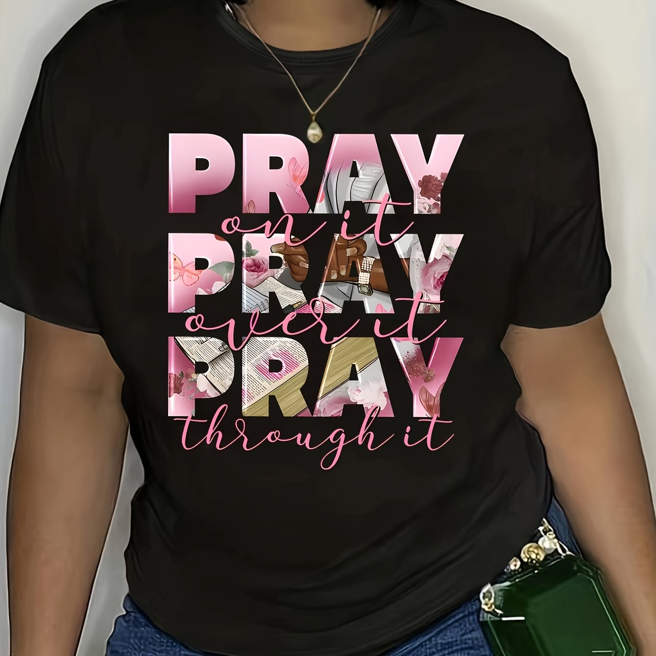Short Sleeve Stretchy Polyester Blend Plus Size Inspirational T-Shirt for Women - "Pray Over It" Print, Casual Crew Neck, Machine Washable - Perfect for Spring/Summer/Fall
