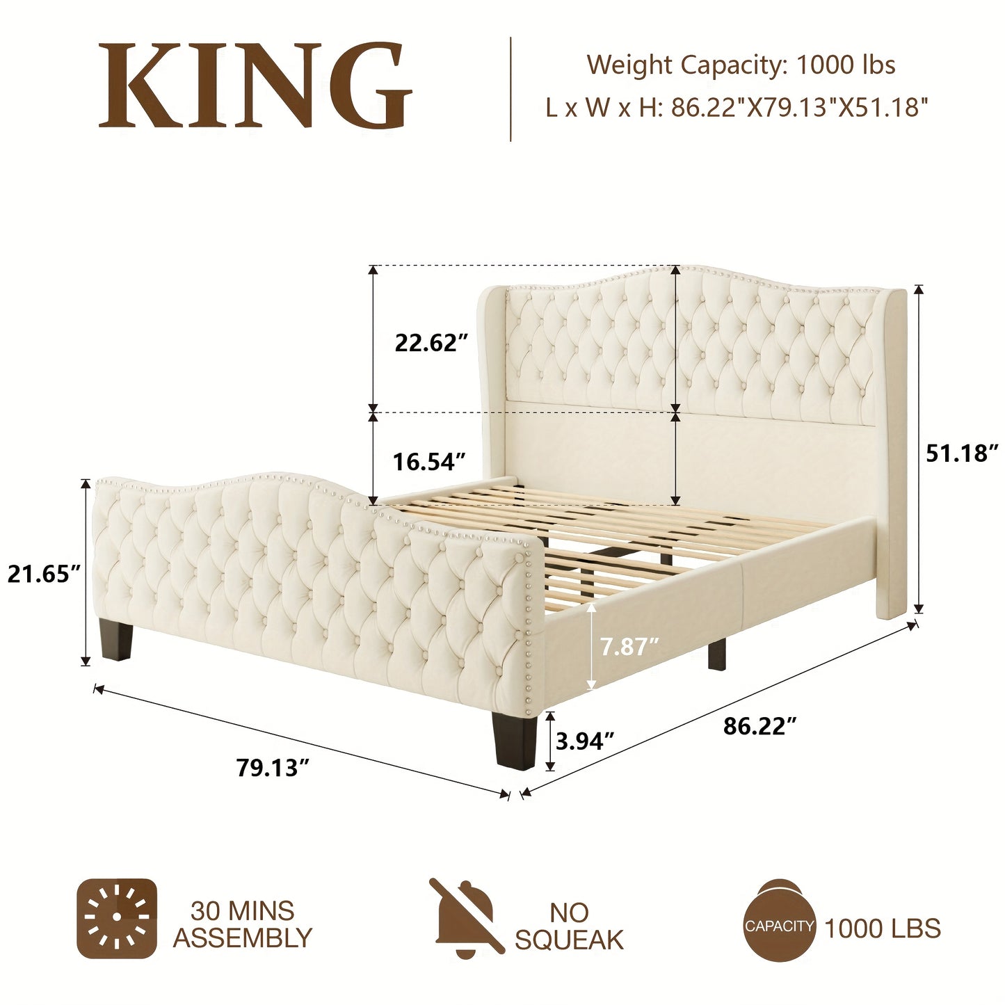 Queen Size Platform Bed Frame with 51-inch Tall Camelback Headboard & Wingback, Gorgeous Studded Trim, Mattress Foundation, No Box Spring Needed, Cream