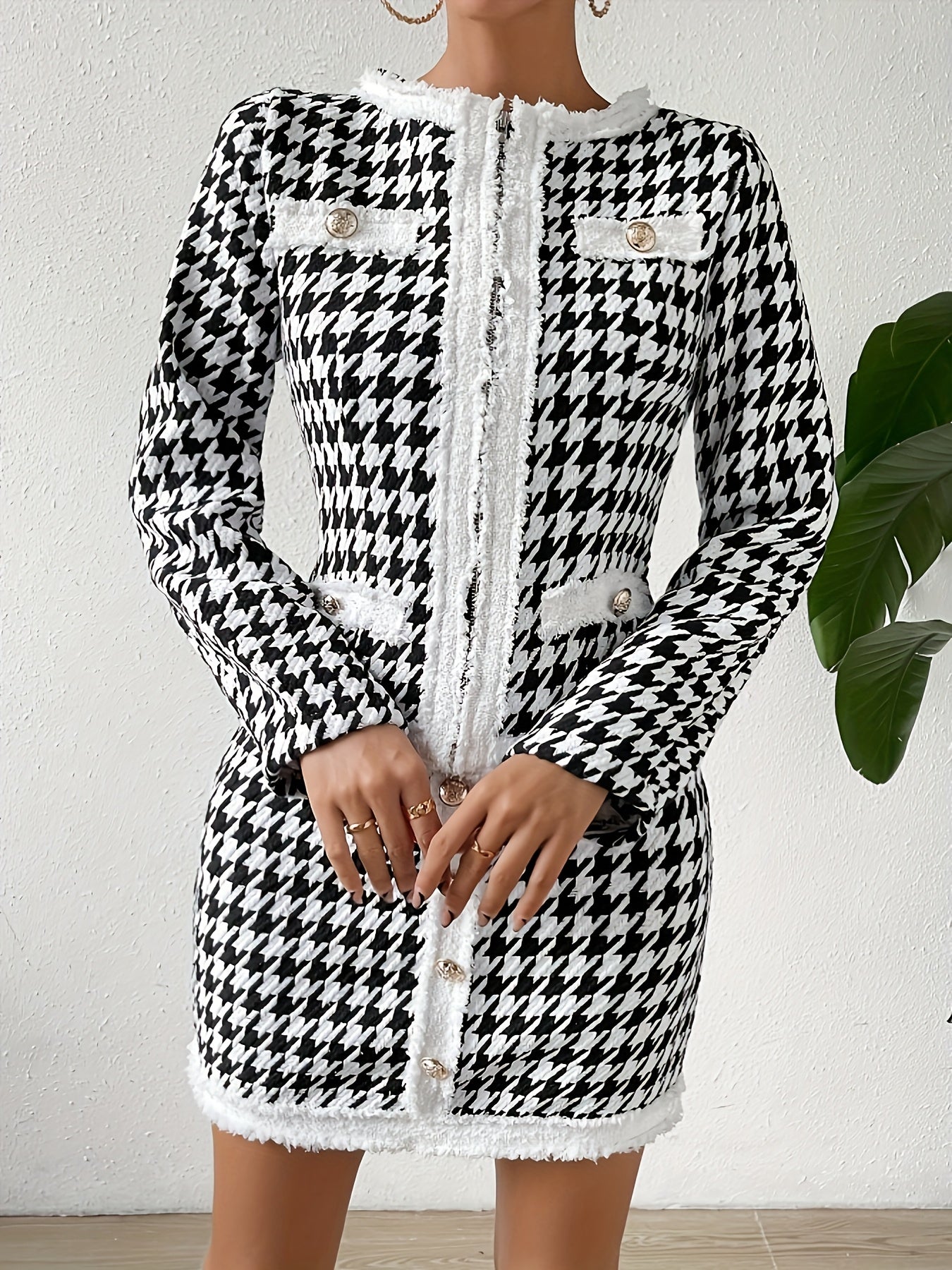MSDOSBT Elegant Houndstooth Patchwork Tweed Jacket & Skirt Set - Chic Black & White Checkered Pattern, Long Sleeve, Button-Up Blazer with Flap Pockets for Afternoon Tea, Casual Attire, All-Season Wear, Stylish Office Attire |