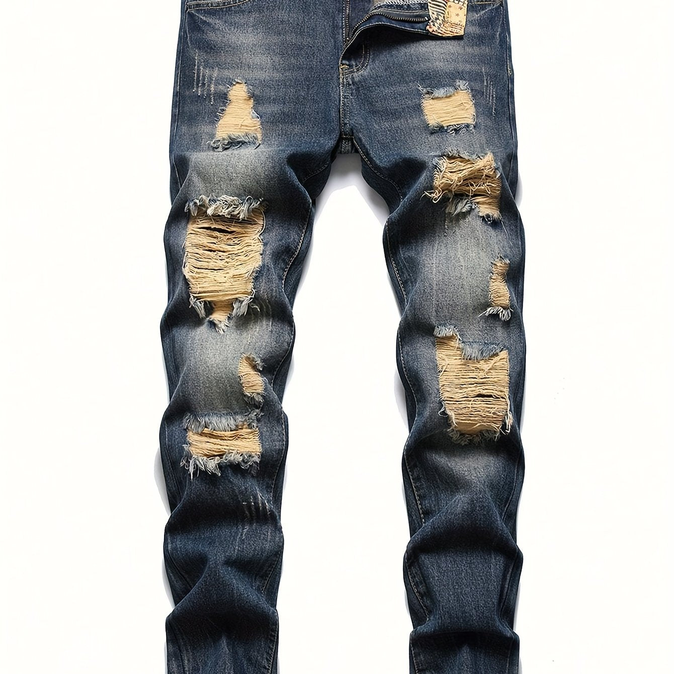 Men'S Retro Washed Blue Ripped Straight-Leg Jeans - Slim Fit, Non-Stretch Denim, Distressed Details, All-Season Casual Wear, Vintage Streetwear Style, Straight Leg Jeans