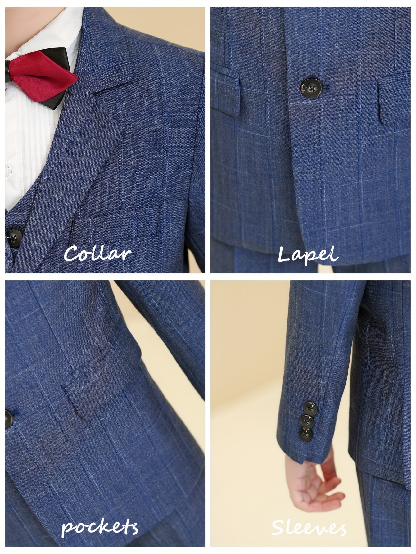 Boys Dark Blue Plaid Suit 3pcs Set | Kids Formal Blazer + Vest + Dress Pants | Wedding, Christmas, Easter Party Outfit | Sizes 6-16 | Premium Kids Tuxedo for School Photos & Special Occasions