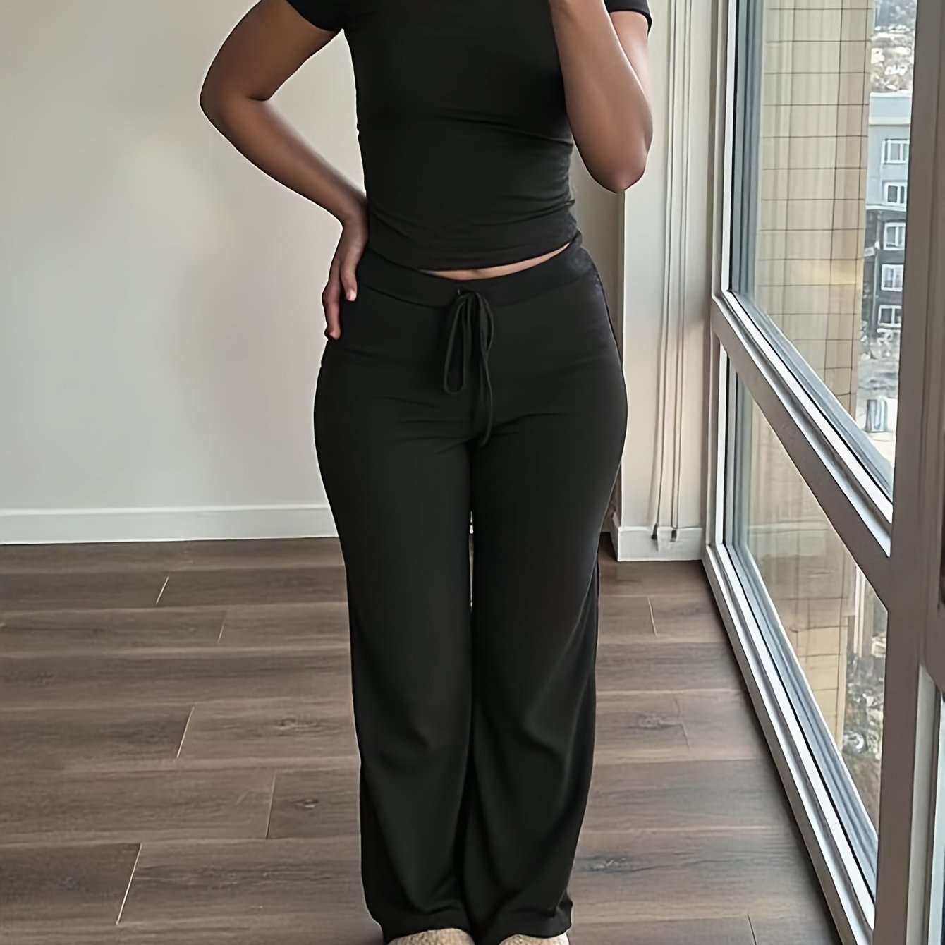 Maroon Women's Two-Piece Set: Short Sleeve Crop Top & High-Waisted Wide-Leg Pants - Cozy Fleece Loungewear with Drawstring Waist, Soft & Comfortable for Casual Home Wear, All-Season Wear, Loungewear Set|Casual Style|Soft Flee