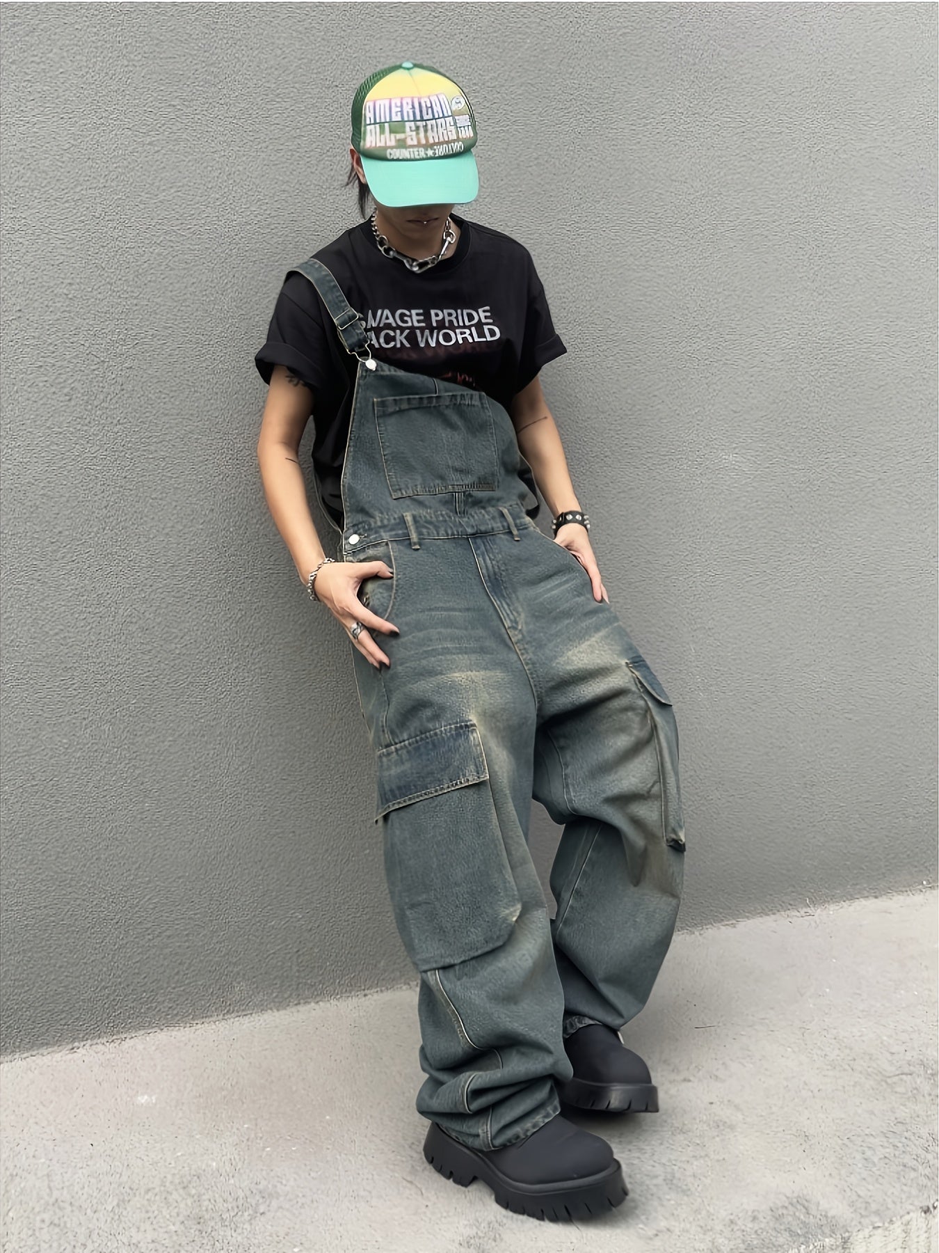 HME Men's Heavyweight Distressed Faux Denim Overalls Jumpsuit - Vintage Washed White with Large Functional Pockets, Loose Wide-Leg Fit, All-Season Casual Streetwear & Hip-Hop Style, Beltless Design with Buckle Closure, Machin