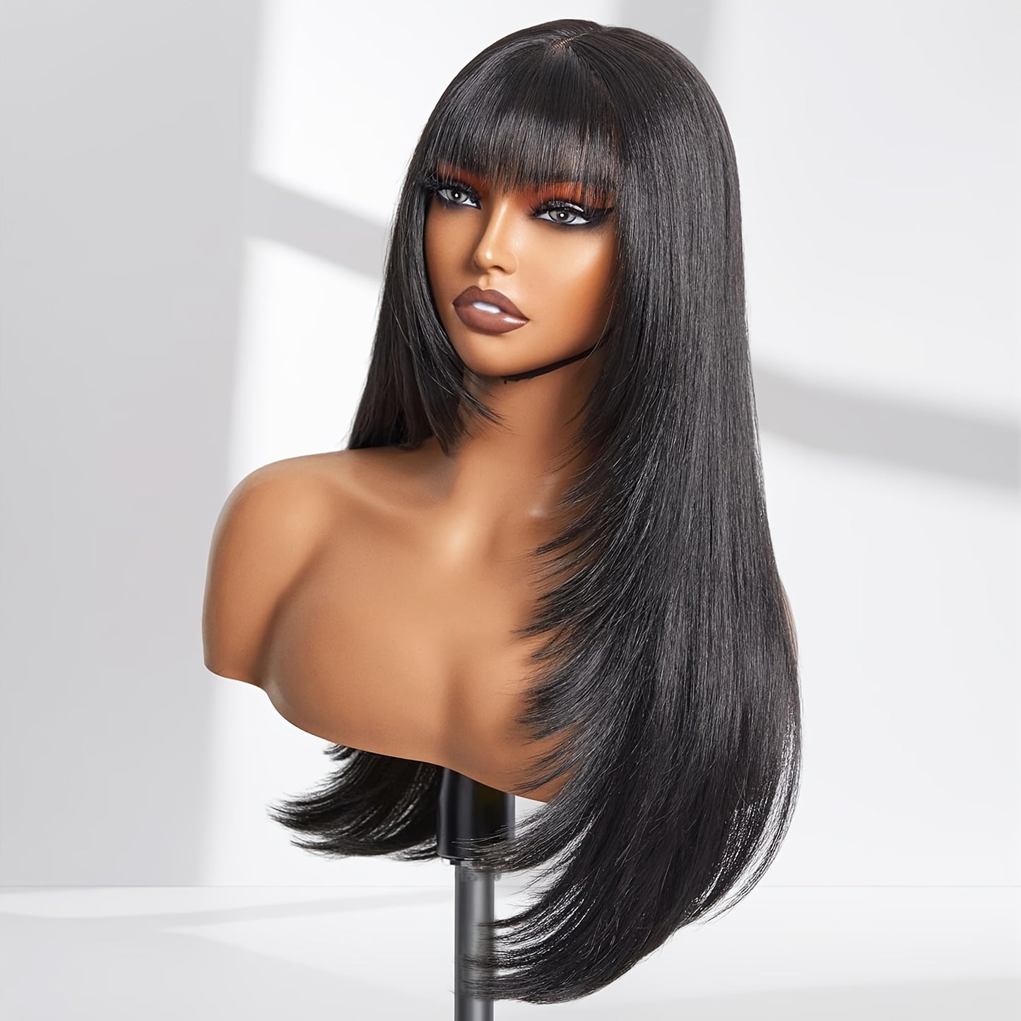 Long Straight Layered Wig with Bangs Glueless Natural Black Synthetic Bangs Wig 26 Inch Put On and Go Wigs High Temperature Fiber Pixie Cut Layered Wig for Women Daily Use