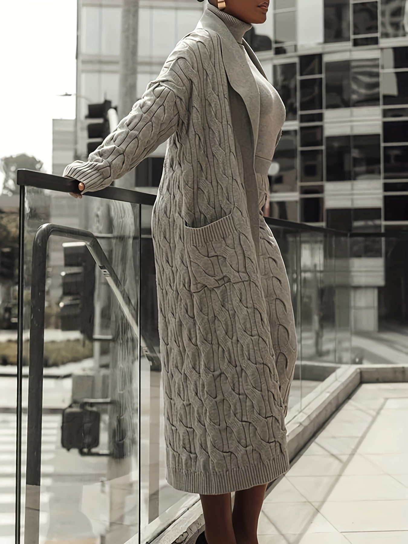 Stylish Solid Twill Knit Skirt Set, Long Sleeve Open Front Pocket, Mid-Long Cardigan and High-Neck Slim Sweater and High-Waisted Pencil Skirt Outfit, Women's Clothing