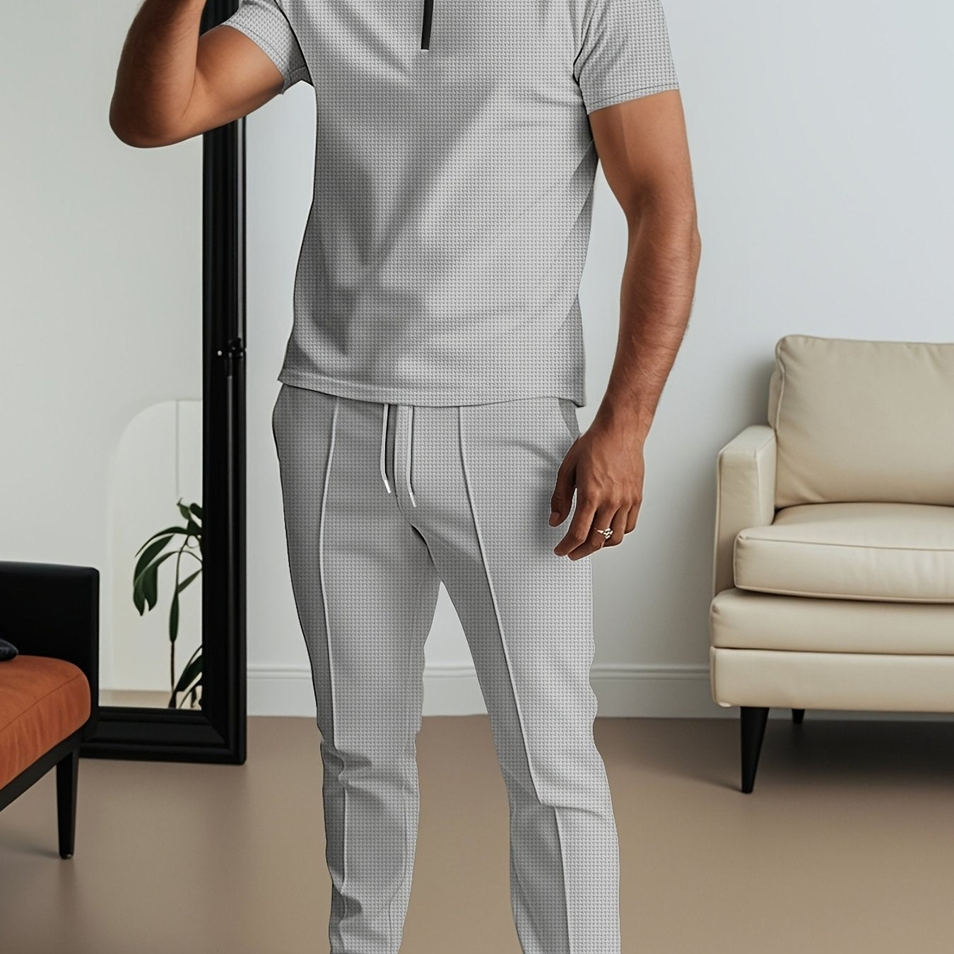 Men's Waffle Texture Lapel Shirt And Pants Set - Polyester Short Sleeved Shirt, Zipper Access, Elastic Drawstring Waist Straight Leg Pants 5 Colors Suitable For Spring, Summer, Autumn, Beach, Outdoor Activities, Daily Wear, S