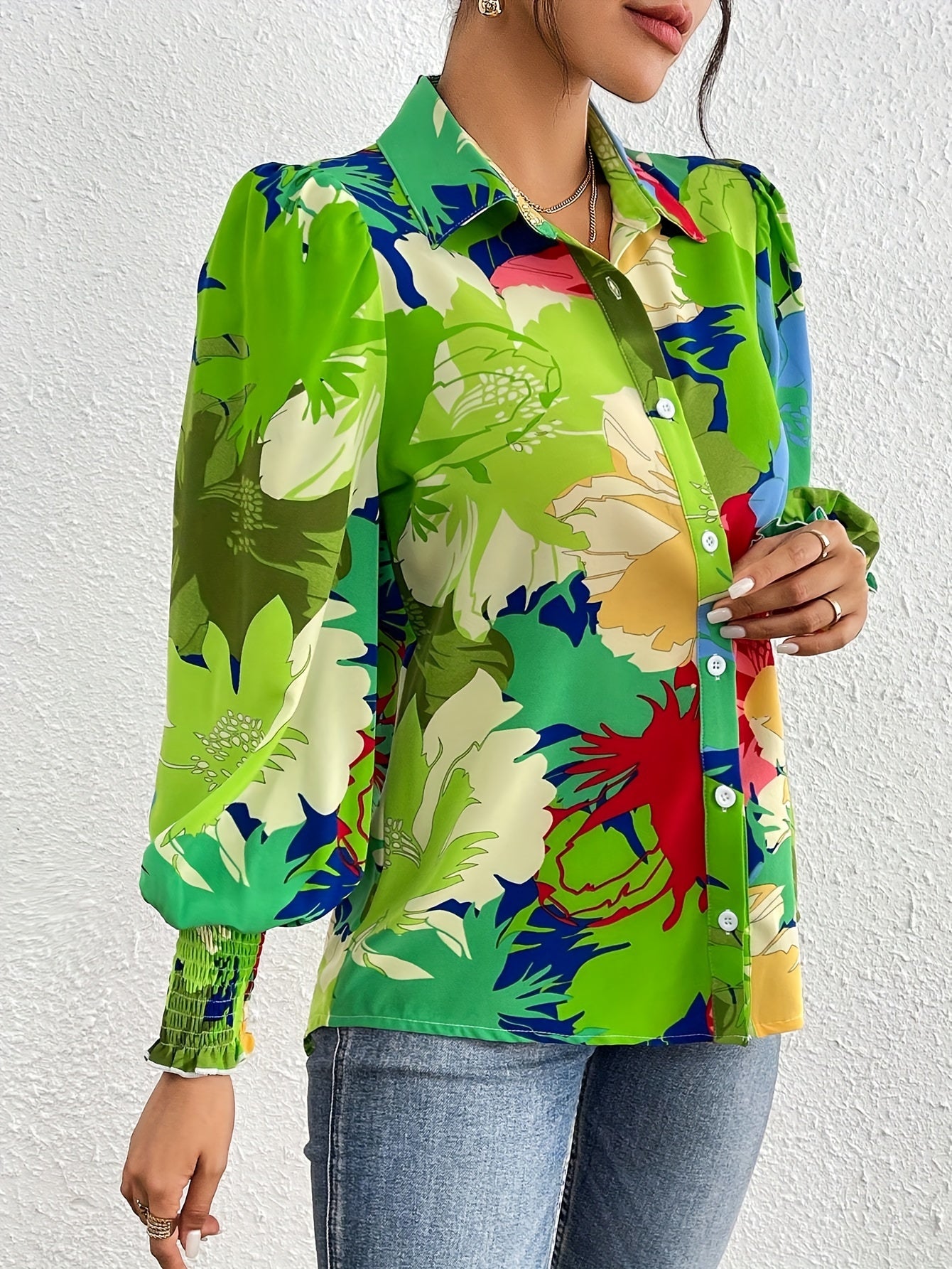 Floral Print Button Front Shirt, Vacation Long Lantern Sleeve Blouse For Spring & Fall, Women's Clothing