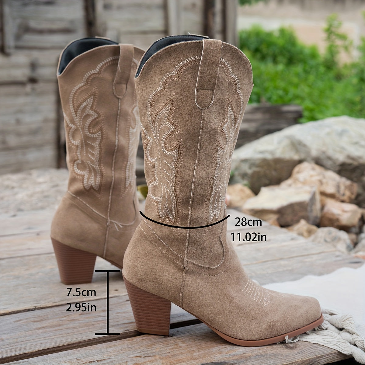 Women's Western Boots - Slip-On Chunky Heel Cowboy Boots, Beige/, Non-Slip TPU Sole for Western, Formal, Everyday - Easy-Clean Women's Footwear, Casual Wear, Square Toe Design, Soft Fabric Lining, Fashionconscious Women