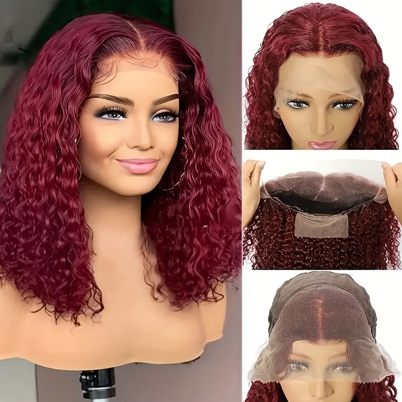 13x4 Burgundy Deep Wave Lace Front Wig - 250% Density, 100% Brazilian Virgin Human Hair, Pre-Plucked with Baby Hair, Glueless Design for Women, Wet and Wavy Look, Bye Bye Knots, Natural Red Color