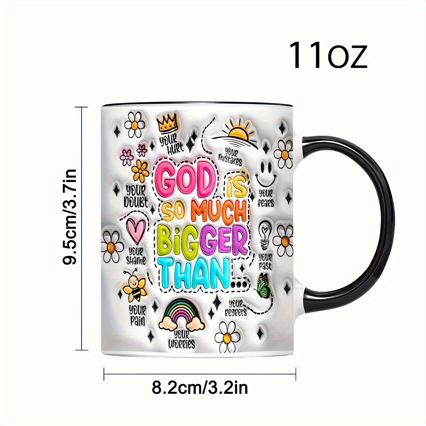 11oz Inspirational Ceramic Coffee Mug with "God Is Much Bigger Than" Message - Floral & Rainbow Design, Uplifting Christian Gift for Birthdays, Valentine's Day, Office Use - Durable C-Handle for Hot Beverages, Coffee Bar Acce