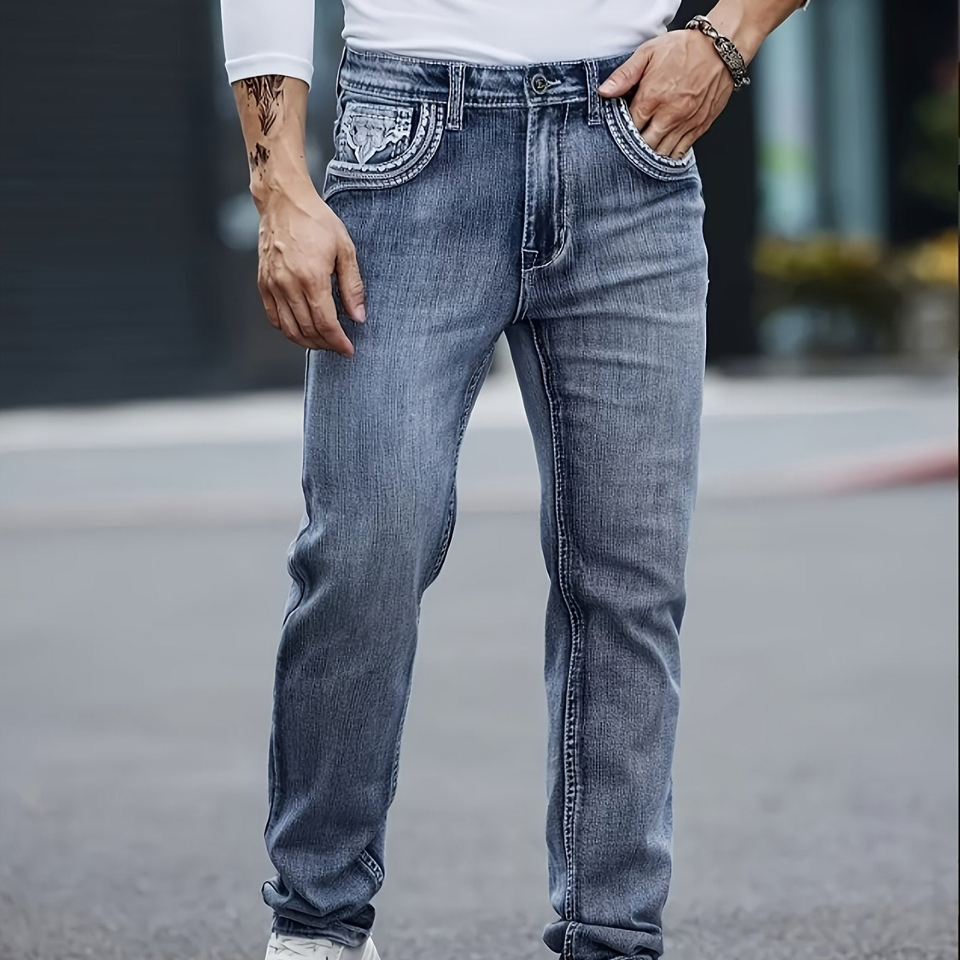 HME Men's Jeans - Stretch Slim-Fit Mid-Rise Pants with Elastic Waist, Vintage Washed Blue Denim, Five-Pocket Design & Built-In Zipper Closure, Machine Washable for Business, Office, Everyday Casual - All-Season Men's Pants, V
