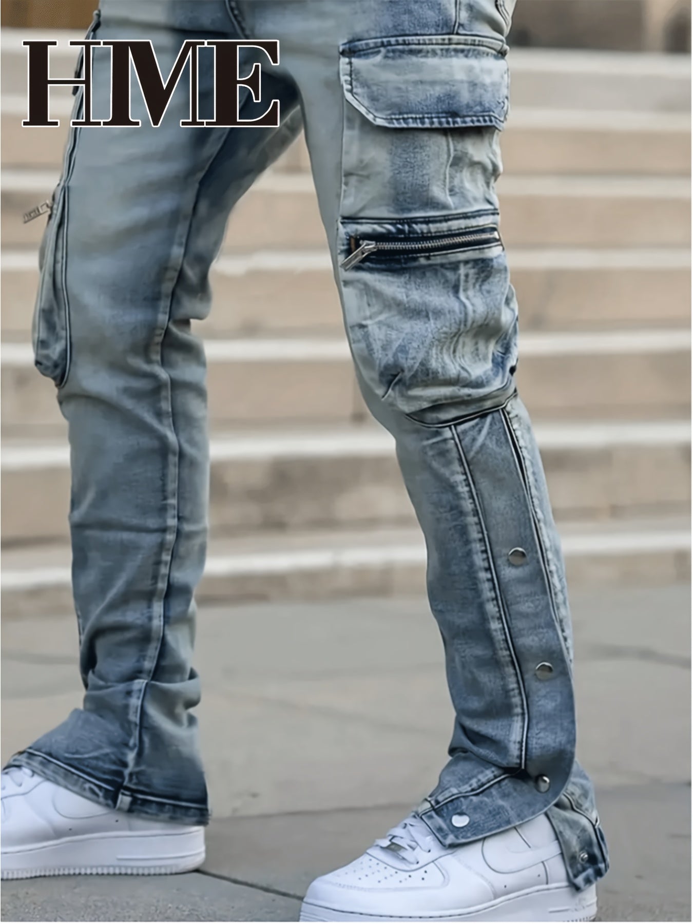 HME Men'S Skinny Faux Denim - Stretch Skinny Fit Mid-Rise Pants with Zipper Closure, Multi-Pocket Design (Including Slit Buttons), Light Washed Look for Everyday & Formal Outfits - Urban Streetwear Faux Denim for Teens & Adul