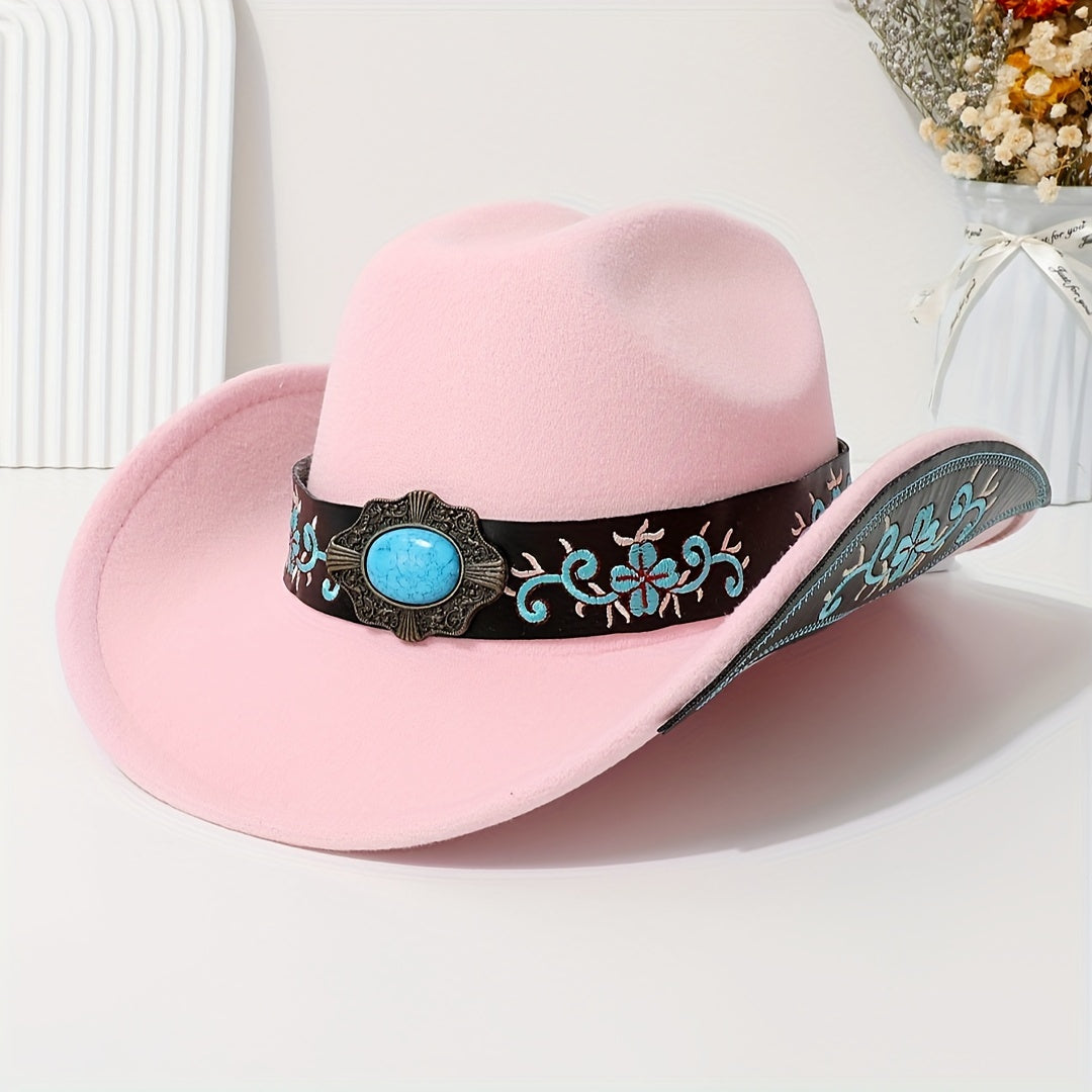 Lady's Elegant Felt Cowboy Hat with Turquoise Stone and Embroidered Belt - Perfect for Dance Parties, Graduations, and Festive Occasions