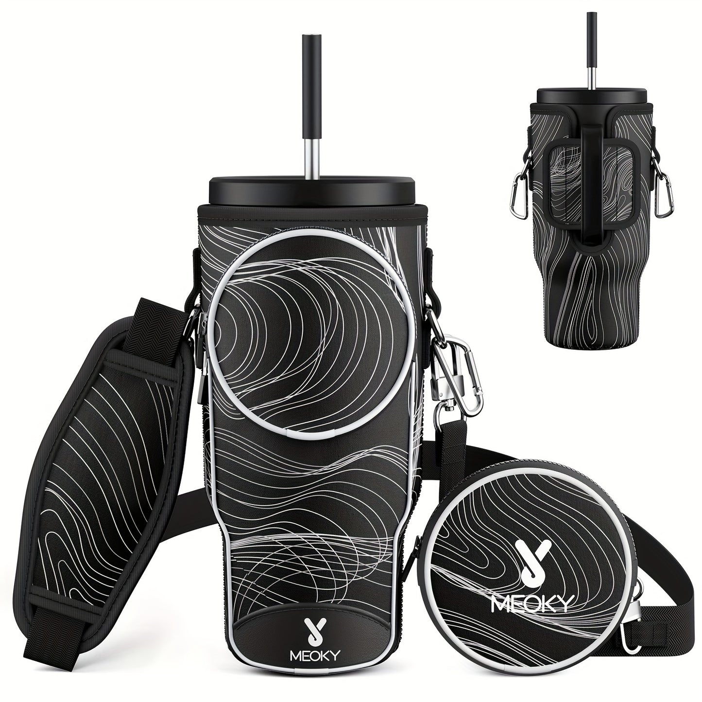 Meoky Water Bottle Carrier Bag With Phone Pocket For 40 Oz Tumbler With Handle, Neoprene Water Bottle Holder Pouch With Adjustable Strap, 2 Carabiner Clips