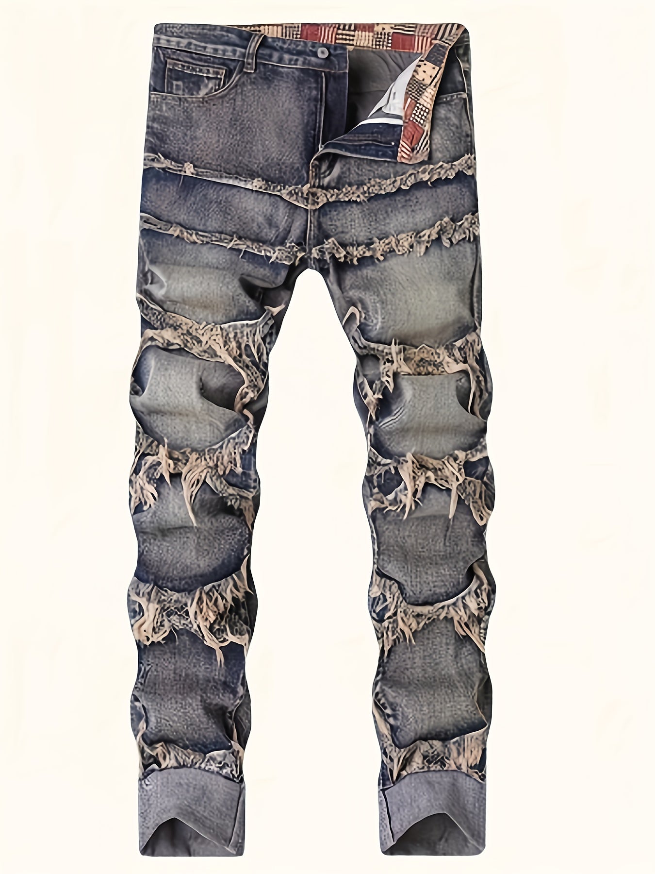 HME Men's Heavy Washed Vintage Blue Jeans - 3D Fringe Hem & Tassel Details, Mid-Rise Stretch Slim-Fit Straight Leg with Inner Lining, All-Season Streetwear Denim Pants (Machine Washable)
