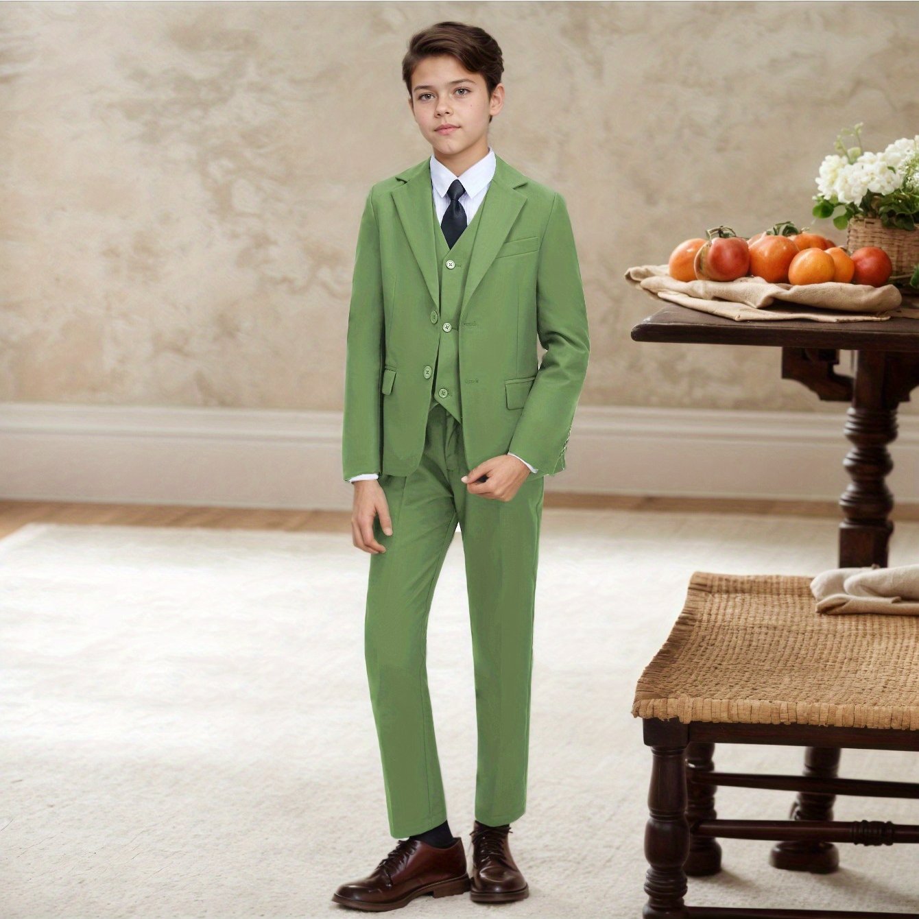 6-12 Years Old Boys' 3pcs Suit Set (Jacket+Vest+Pants), Khaki/ Olive Green, Wedding/ Party Flower Boy Attire