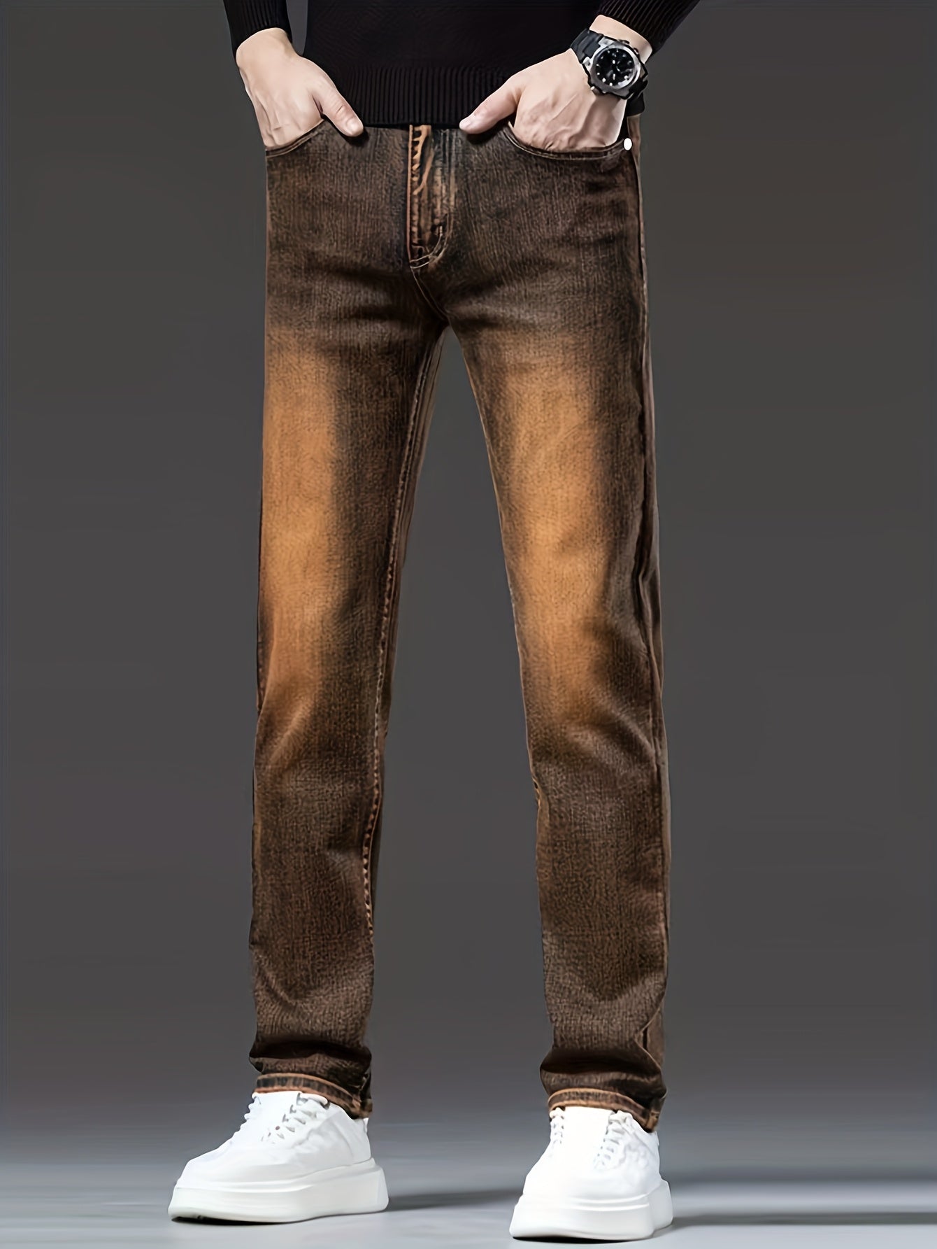 Men's Slim Fit Stretch Denim Jeans - Dark Brown, All-Season Wear, Cotton Blend, Machine Washable, Classic Design with Pockets, Versatile for Casual or Formal Occasions