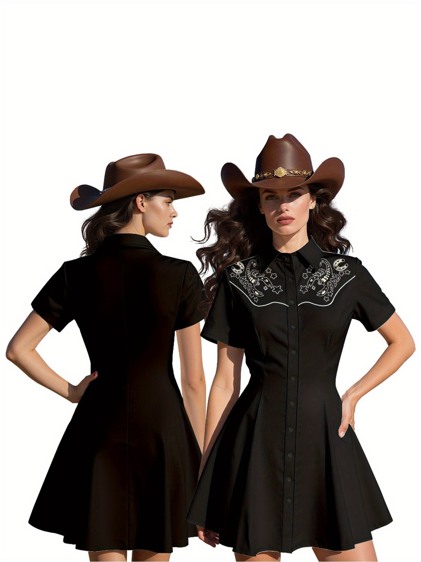 Plus Size - Women'S Western Cowgirl Outfit - Black Shirt Dress with Lapel Collar, Non-Stretch Fabric for Western Events, Beach Vacations & Casual Outings - Lightweight Summer Dress for Women, Cowgirl Dress, Vacation Attire, D