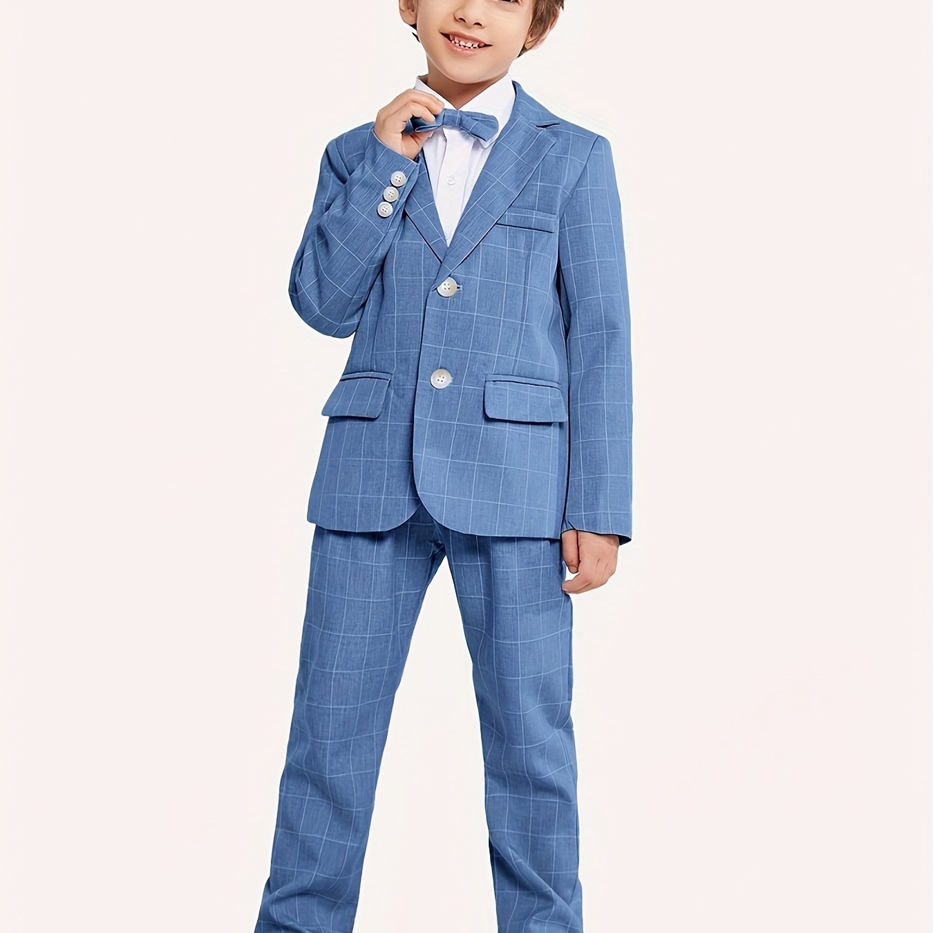 Kids' Elegant Blue Checkered Suit with Bow Tie - Perfect for Weddings and Formal Events, Slim Fit, Long Sleeve, Non-Stretch Fabric, Party Attire|Formal Attire|Slim Fit Suit