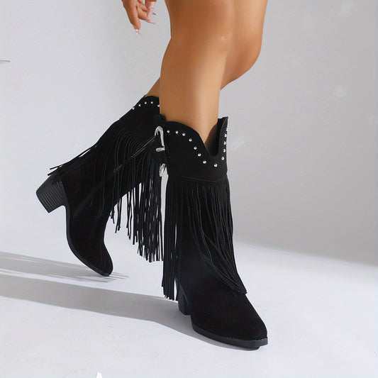 Women'S Western Cowboy Ankle Boots with Chunky Heel & Fringe Detail - Round Toe Zipper Closure, Fabric Upper & Rubber Sole, All-Season Casual Shoes for Casual Attire, Cowgirl Boots, Versatile Fashion Footwear, Decorative Tass