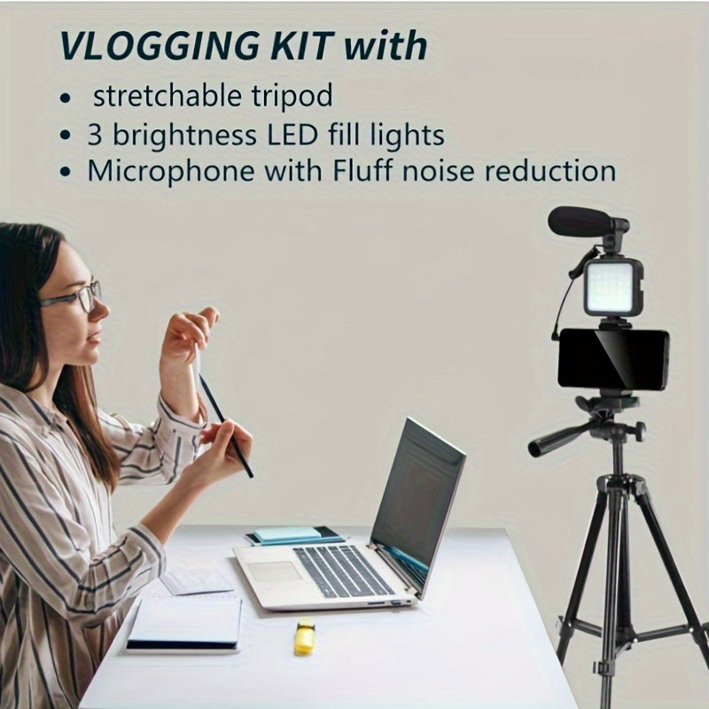 Complete, Portable Vlogging Kit: Streamer's Choice - Tripod, Pocket Light, Beauty Fill Light, Microphone - Ideal for Live Streaming & Photography, USB Connection, Black