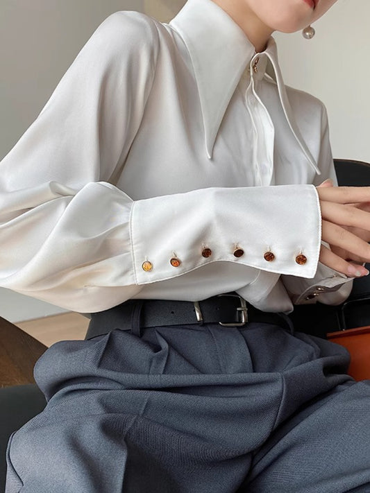 Women's Elegant White Satin Blouse - Long Sleeve Pointed Collar with French Collar & Single-Button Closure, Solid White Smooth Texture, Structured Blouse for Spring/Fall, Wedding, Office, Semi-Formal Events - Machine Washable