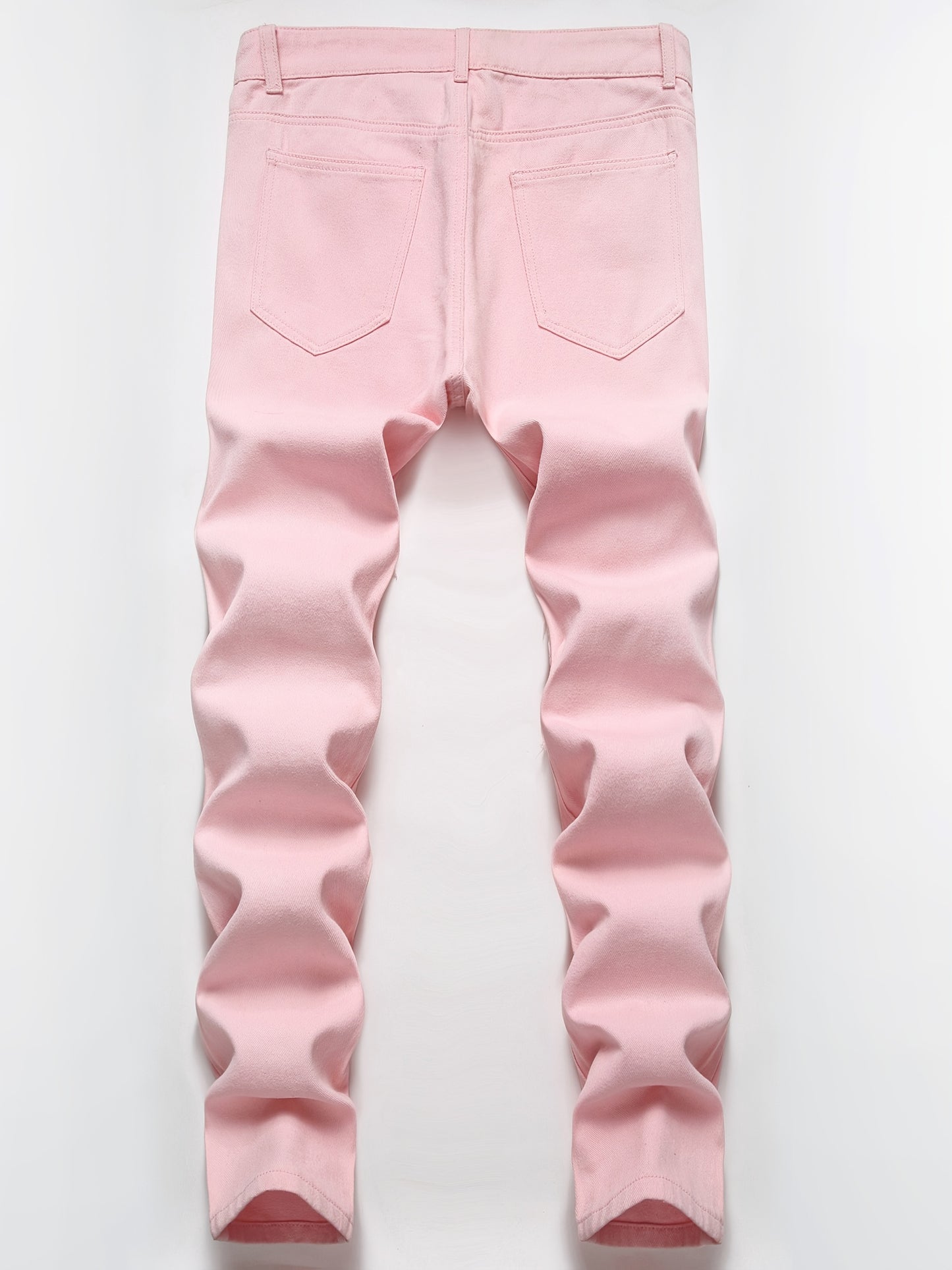 Men's Slim-Fit Stretch Jeans with Built-In Zipper & Ripped Washed Texture - Light Pink Distressed Streetwear Style, Reinforced Stitching, All-Season Comfort for Casual & Office Wear - Machine Washable Modern Trousers