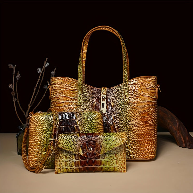 3pcs Set: Colorful Crocodile Pattern Large Capacity Faux Leather Tote & Crossbody Bags With Matching Wallet Combo, Christmas, Mother'S Day Gifts, Halloween Gifts