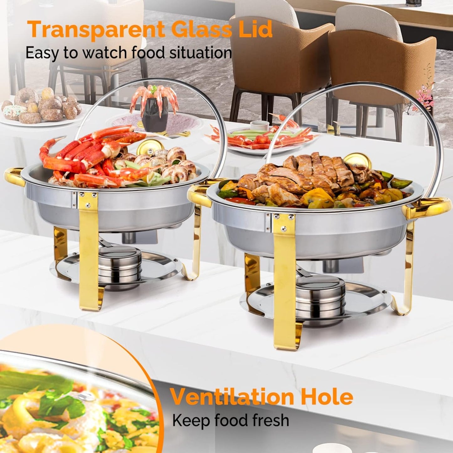Meiffer 6-piece 2/4/6/8 piece set commercial 304 stainless steel rolling heat-resistant tray set - NSF stainless steel countertop system, only includes food trays, water trays and fuel storage containers, only for cooking