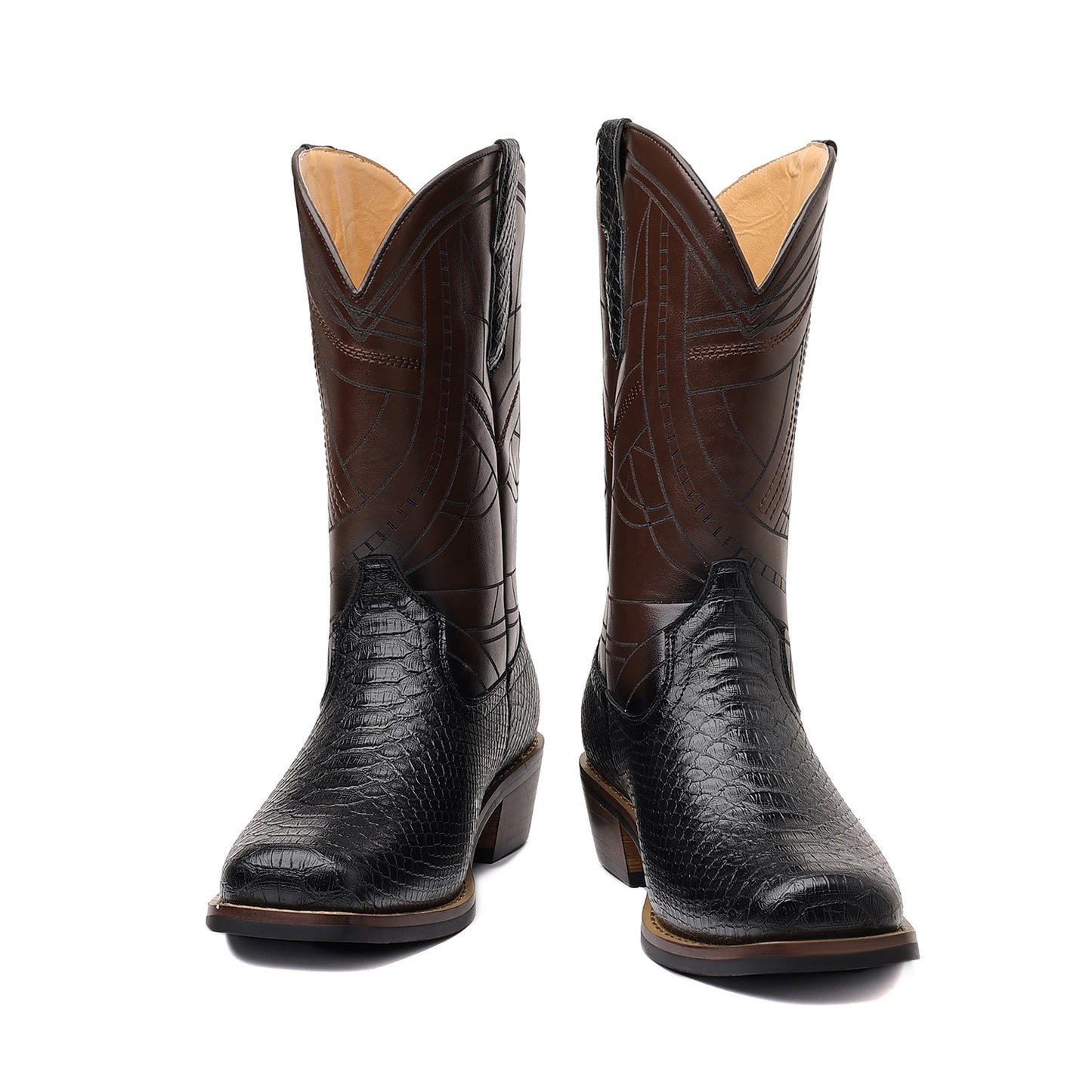 Men's Western Cowboy Boots with Imitation Snake Pattern & Wooden Heel Sole - Slip-Resistant High Heel, Pointed Toe Long Boots for Men & Women, Rustic Brown Booties for Casual & Semi-Formal Outfits