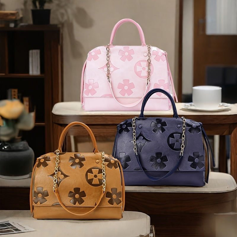 [Elegant Floral Tote Bag] IVKMIVK Women's Floral Embossed Tote Bag - Elegant Synthetic Faux Leather with Golden-Tone Hardware, Large Capacity, Perfect for Daily Commute, Office, and Travel | Floral Embossed Design | Office To