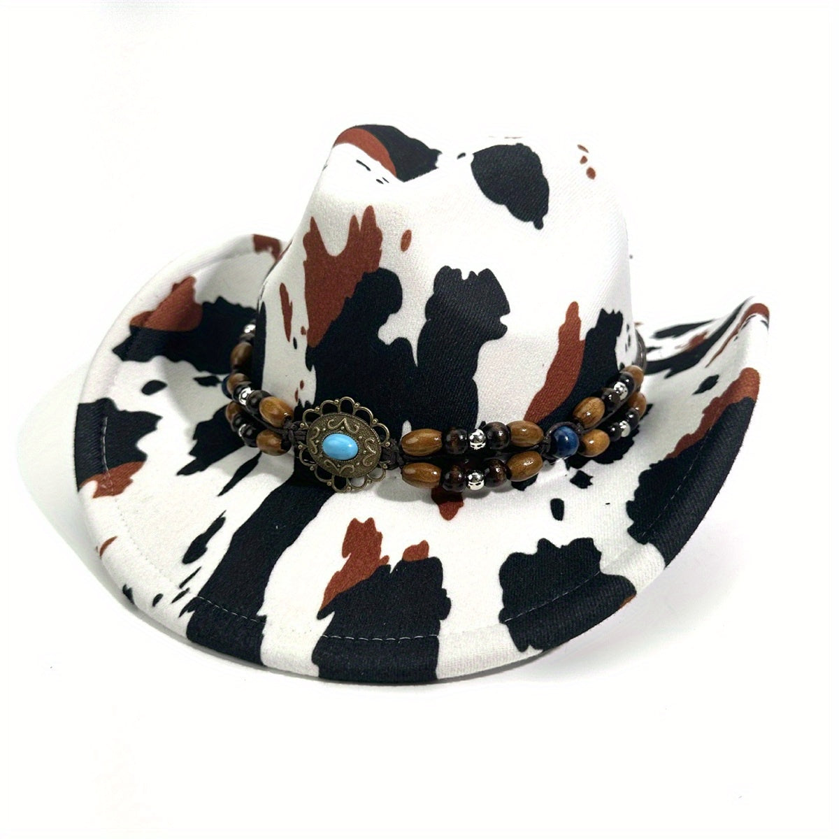 Cow Print Cowgirl Hat for Women & Men - Wide Brim Beaded Belt Western Cap with Black & White Cow Pattern, Brown & White Accents, Perfect for Parties, Beach, and Outdoor Events, Cowboy Hat, Party Accessory, Stylish Headwear