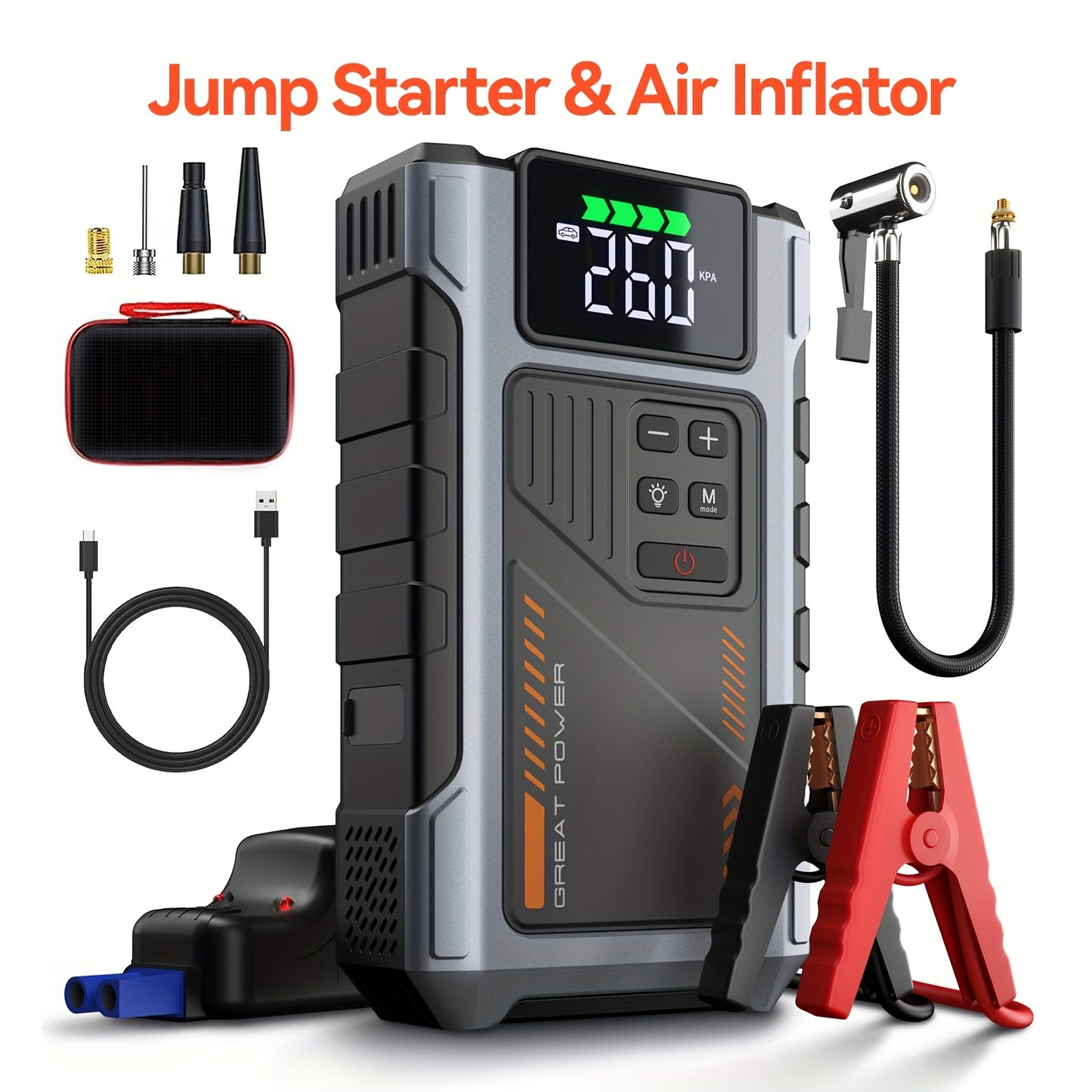 Portable Car Air Compressor & Jump Starter with LED Emergency Light, 3000A Peak Power, 12V for Gas/Diesel Engines, USB Input/Output, Digital Tire Inflator, Red, Insulated Material, Fast Charging, Car Accessories Tools, Vehicl