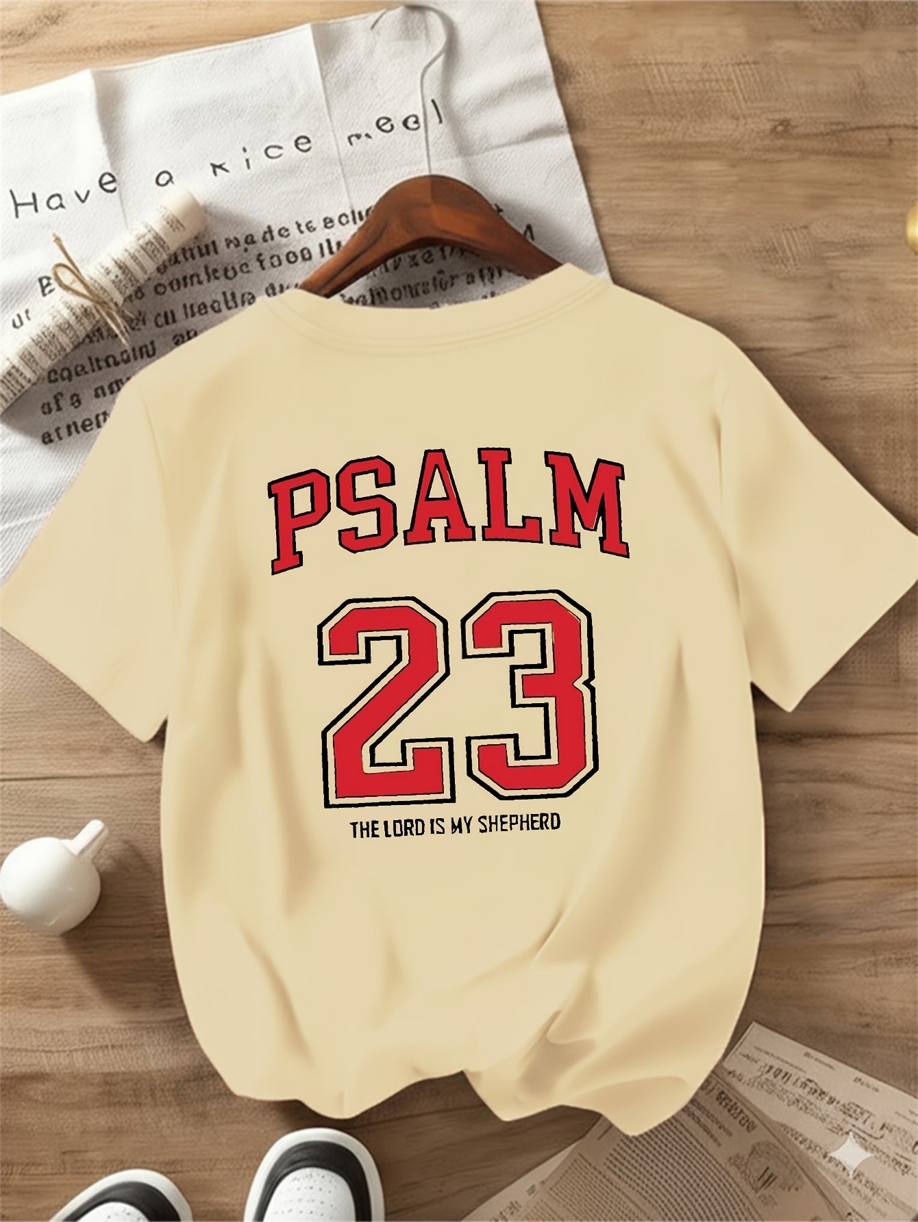 Black with Red Lettering Psalm 23:5 Print Women's Casual T-Shirt - Comfortable Crew Neck, Short Sleeve, Classic Summer Top for Casual Attire, Faith Inspired Apparel | Durable Casual wear, Ladies T Shirts