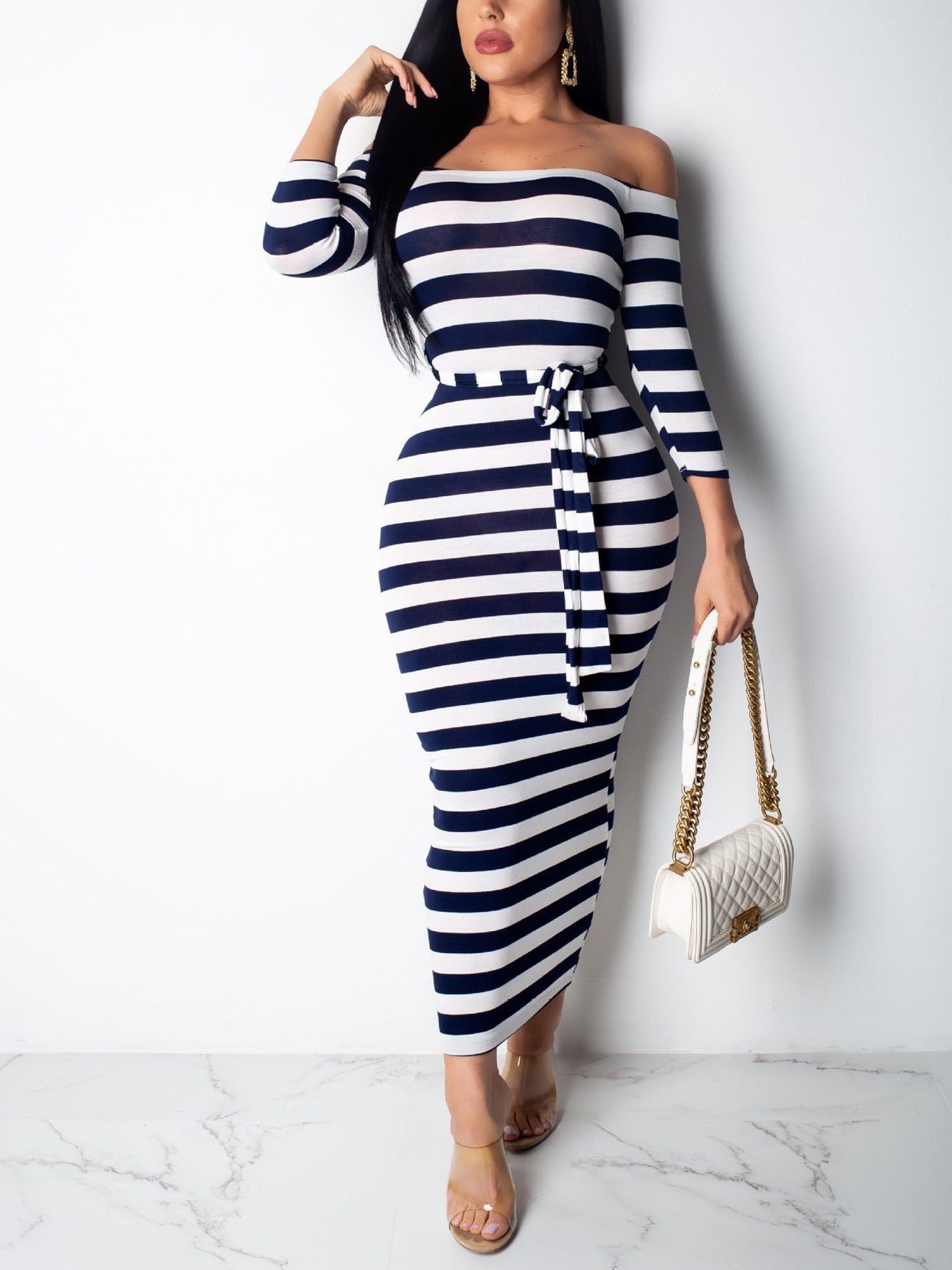 [Off Shoulder Striped Dress] Off Shoulder Striped Dress, Stretchy Long Sleeve Dress, Casual Every Day Dress, Women's Clothing