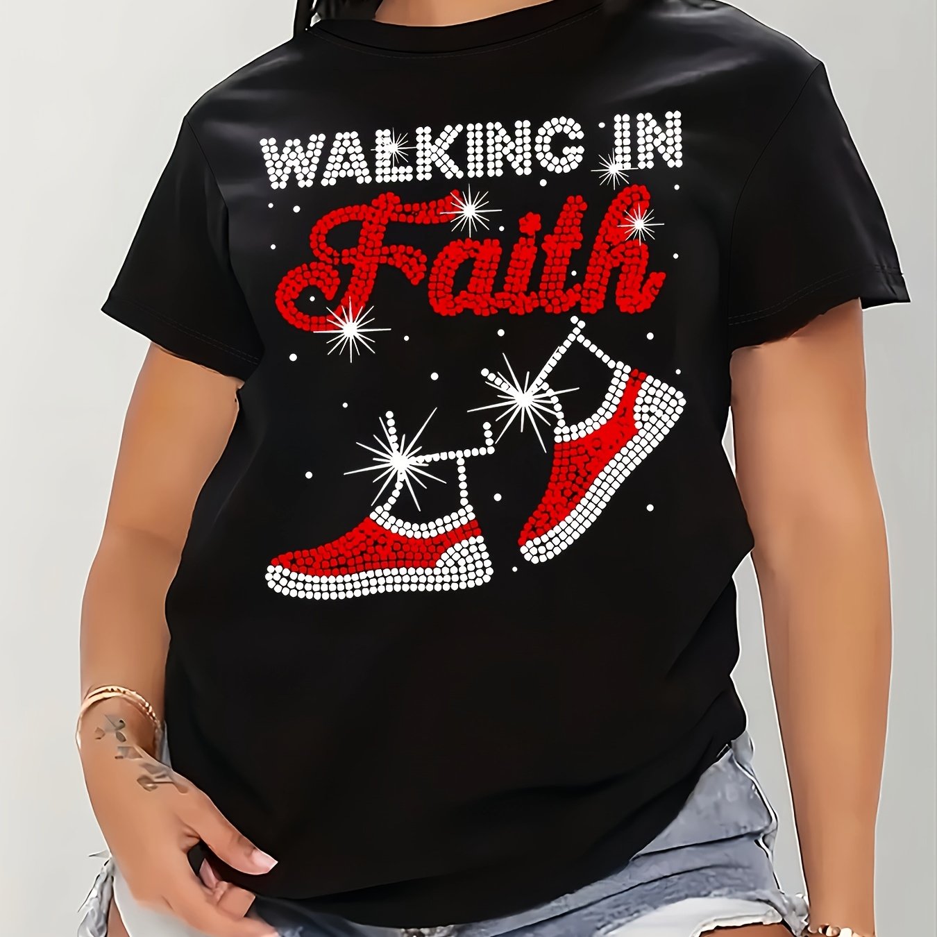 [Sparkling Inspirational Letter Print Tee] Dazzle Casual, Sparkling Rhinestone Letter Print T-Shirt for Women - Casual Crew Neck, Short Sleeve, Inspirational Faith Graphic Tee