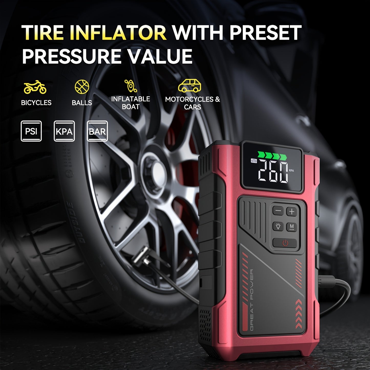 Portable Car Air Compressor & Jump Starter with LED Emergency Light, 3000A Peak Power, 12V for Gas/Diesel Engines, USB Input/Output, Digital Tire Inflator, Red, Insulated Material, Fast Charging, Car Accessories Tools, Vehicl
