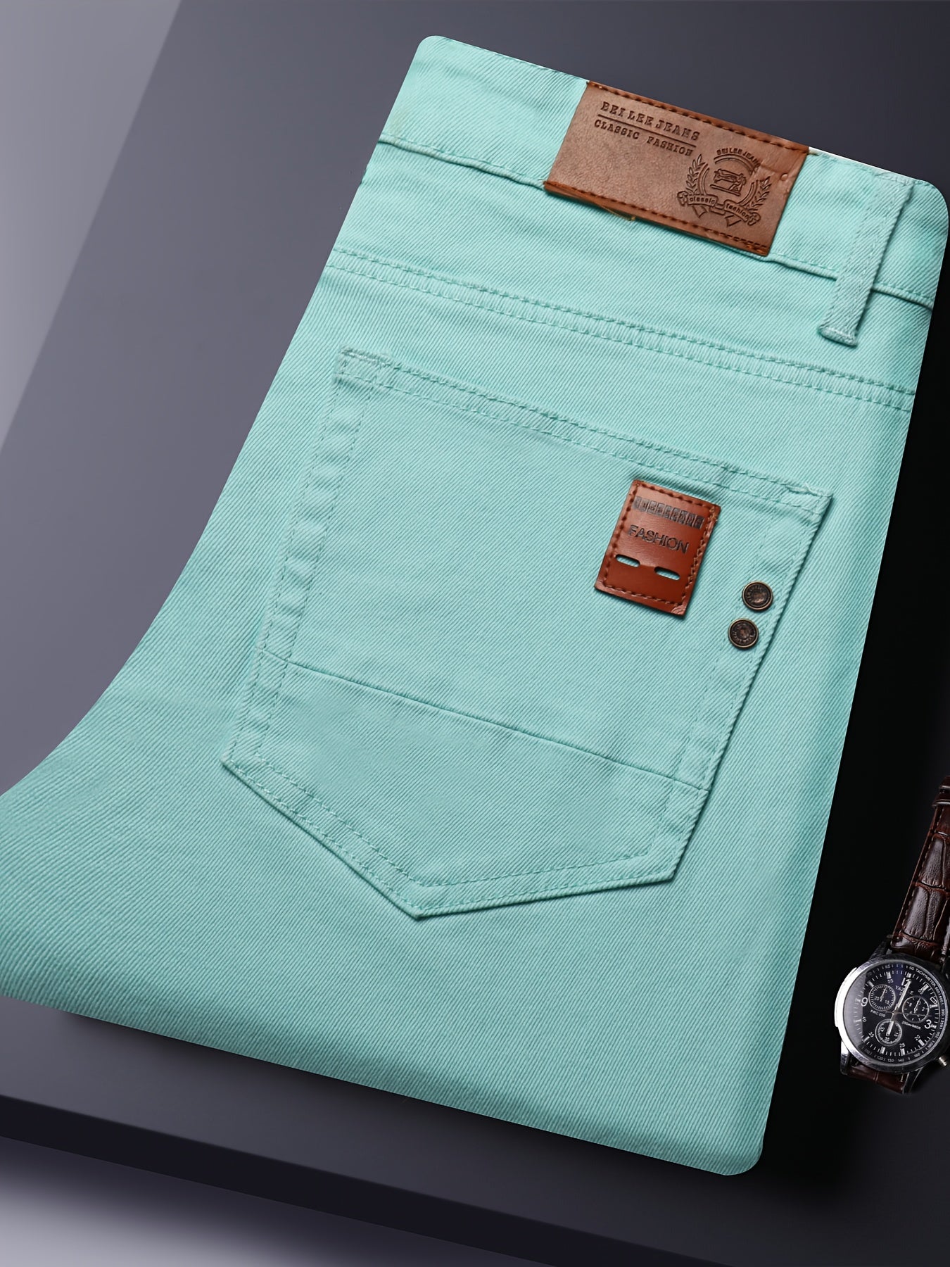 Men's All-Season Slim-Fit Straight-Leg Business Casual Faux Denim - Mid-Rise Beltless Design with Built-In Zipper Closure, Water-Washable Stretch Fabric, Multi-Color Options for Office, Semi-Formal & Casual Attire - Versatile