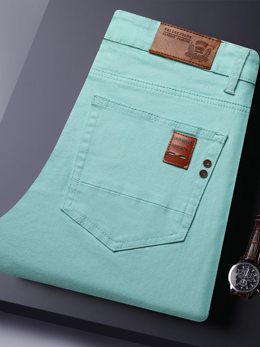 Men's All-Season Slim-Fit Straight-Leg Business Casual Faux Denim - Mid-Rise Beltless Design with Built-In Zipper Closure, Water-Washable Stretch Fabric, Multi-Color Options for Office, Semi-Formal & Casual Attire - Versatile