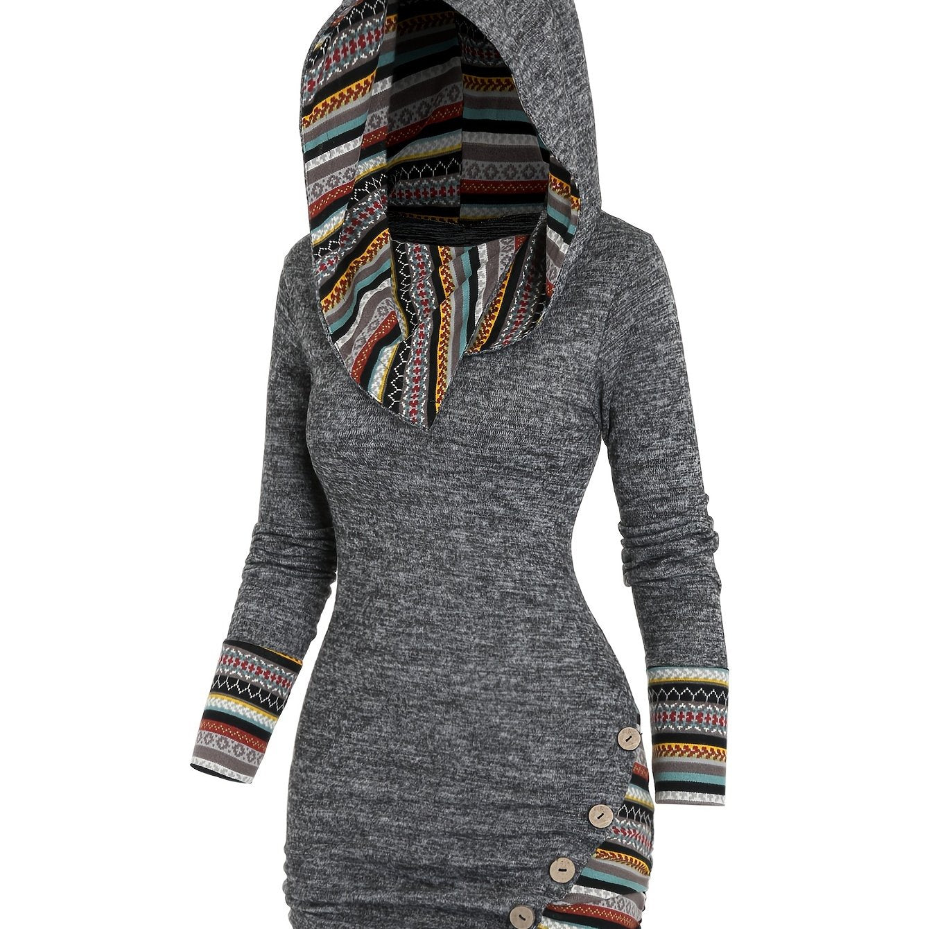 [Tribal Hooded Dress] Polyester Women's Tribal Geometric Stripe Patchwork Hooded Knit Dress | Long Sleeve Bodycon, Casual Style, 95% Polyester 5% Spandex, All Season, 240g/m² Knit Fabric, with Fake Buttons Detail