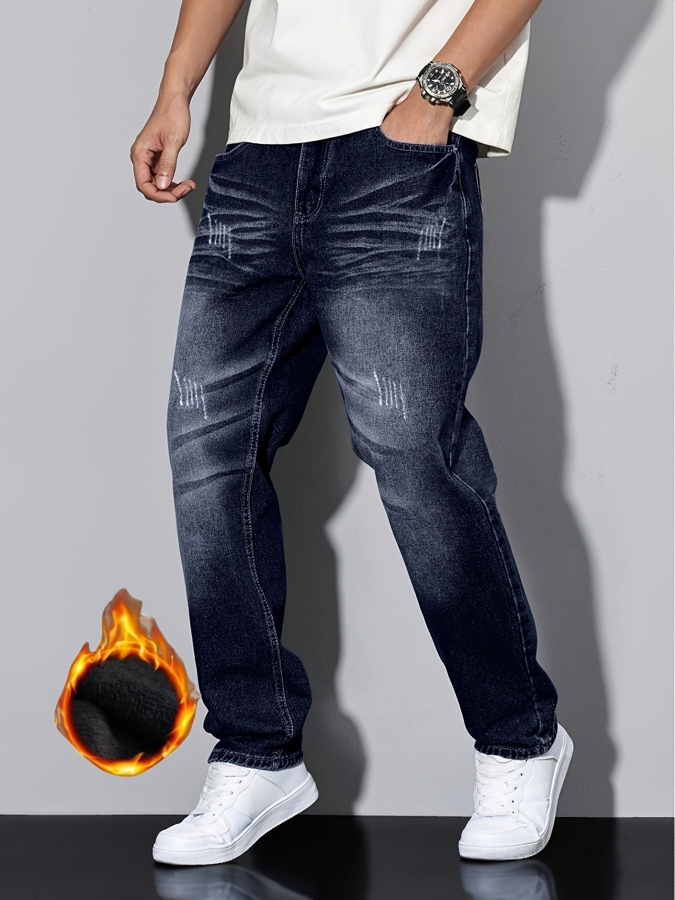HME Men's Heavy-Duty Winter Fleece Jeans - Thickened Insulated Denim Pants with YKK Zipper Closure, Machine Washable, Mid-Stretch Straight-Leg Fit, Heavy Wash Distressed Look & Fleece Lining for Cold Weather - Casual & Formal
