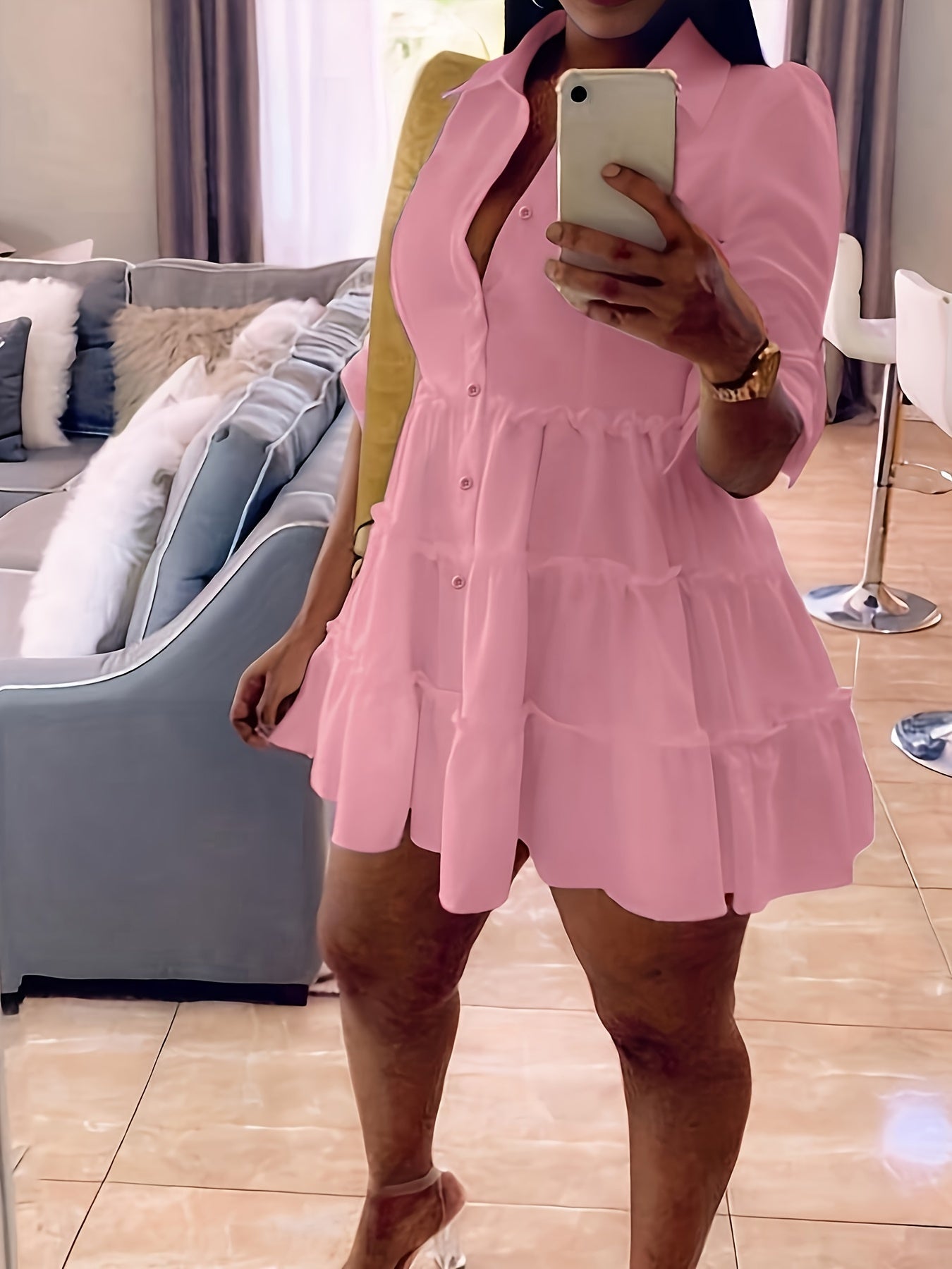 Single Elegant Half Sleeve Ruffle Trim Solid Color Shirt Dress for Spring & Summer, Women's Clothing