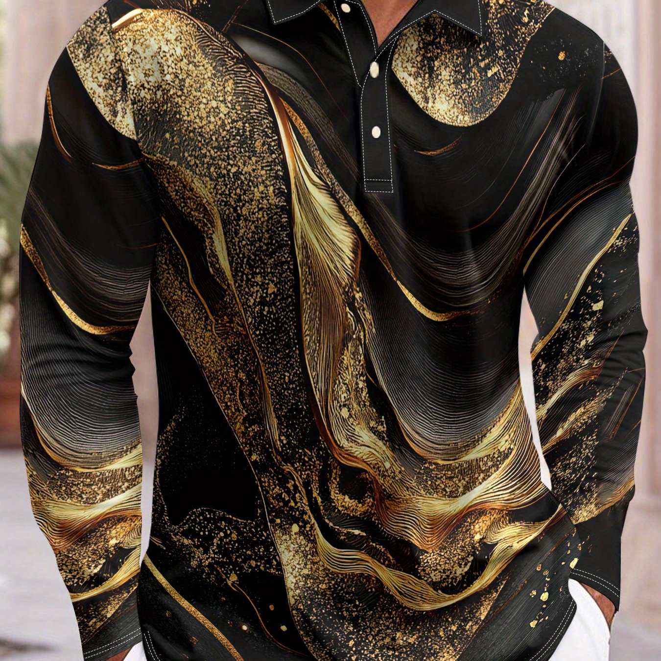 Men'S Elegant Marble Pattern Shirt - Lightweight Breathable Long Sleeve Formal & Casual Shirt, Black & Golden Swirls, Regular Fit for Office, Parties, Golf - All-Season Business & Everyday Attire for Men & Teens, Marble Print